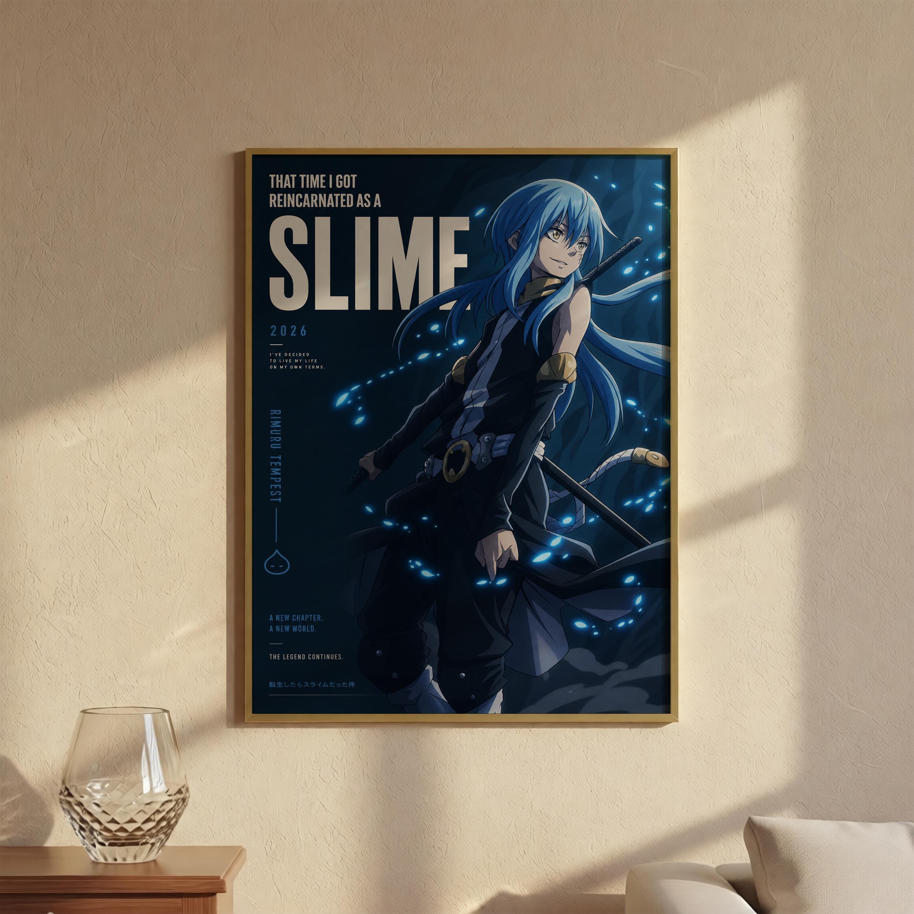 The image is a framed poster featuring an anime-style illustration of a character with blue hair and a dark outfit, surrounded by glowing blue lights.