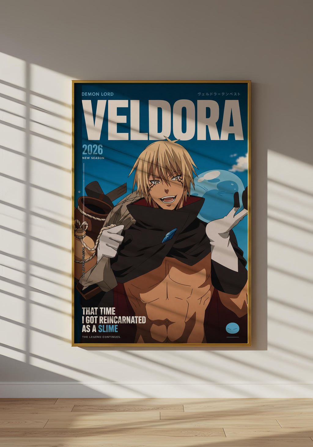 The image is a poster featuring an anime character named Veldora, who is described as a slimy character. The poster is hanging on a wall and has a blue background with white text.