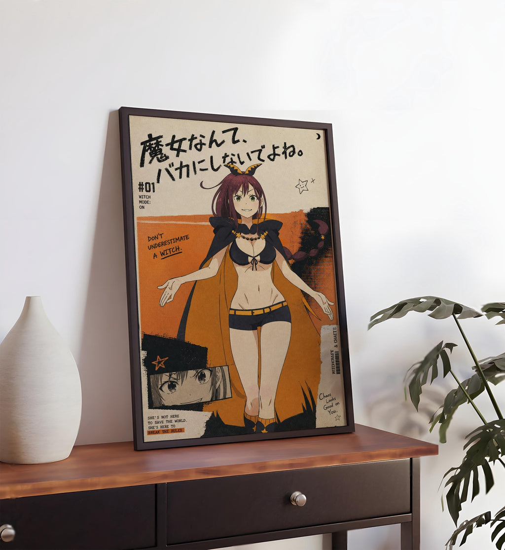 a framed poster of an anime character, with a black and orange color scheme. The poster has Japanese text and an illustration of the character.