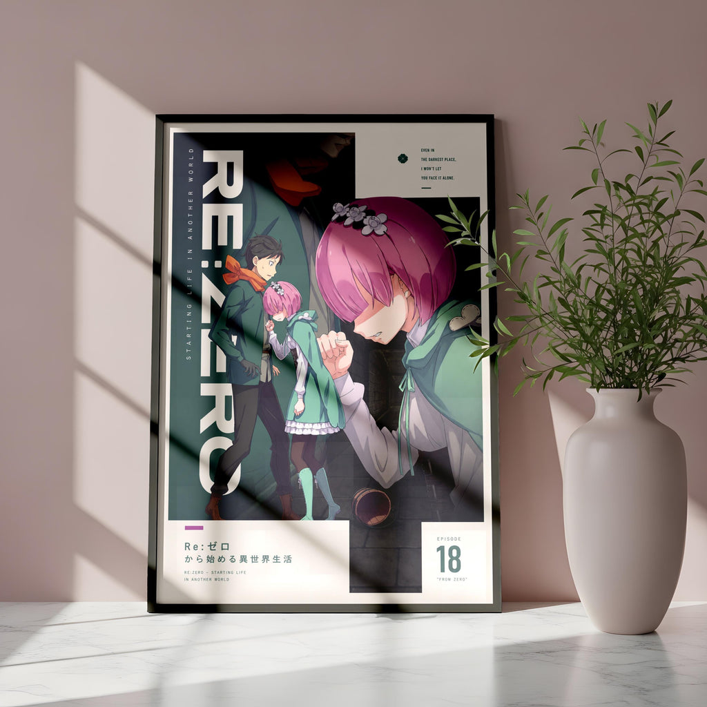 The image is a poster featuring an anime-style illustration of three characters, with a pink-haired girl in the center. The poster is framed and placed on a table next to a white vase with greenery.