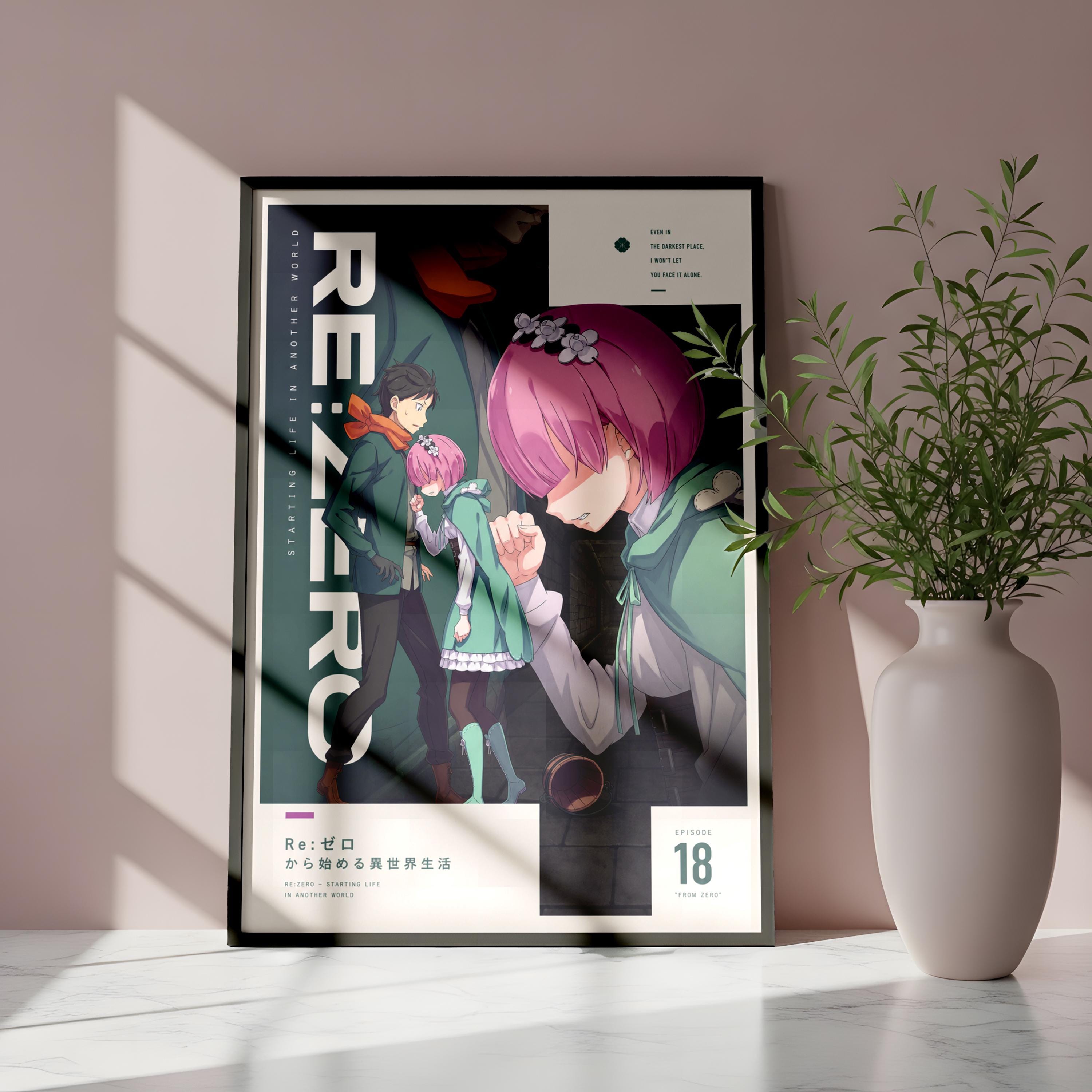 The image is a poster featuring an anime-style illustration of three characters, with a pink-haired girl in the center. The poster is framed and placed on a table next to a white vase with greenery.