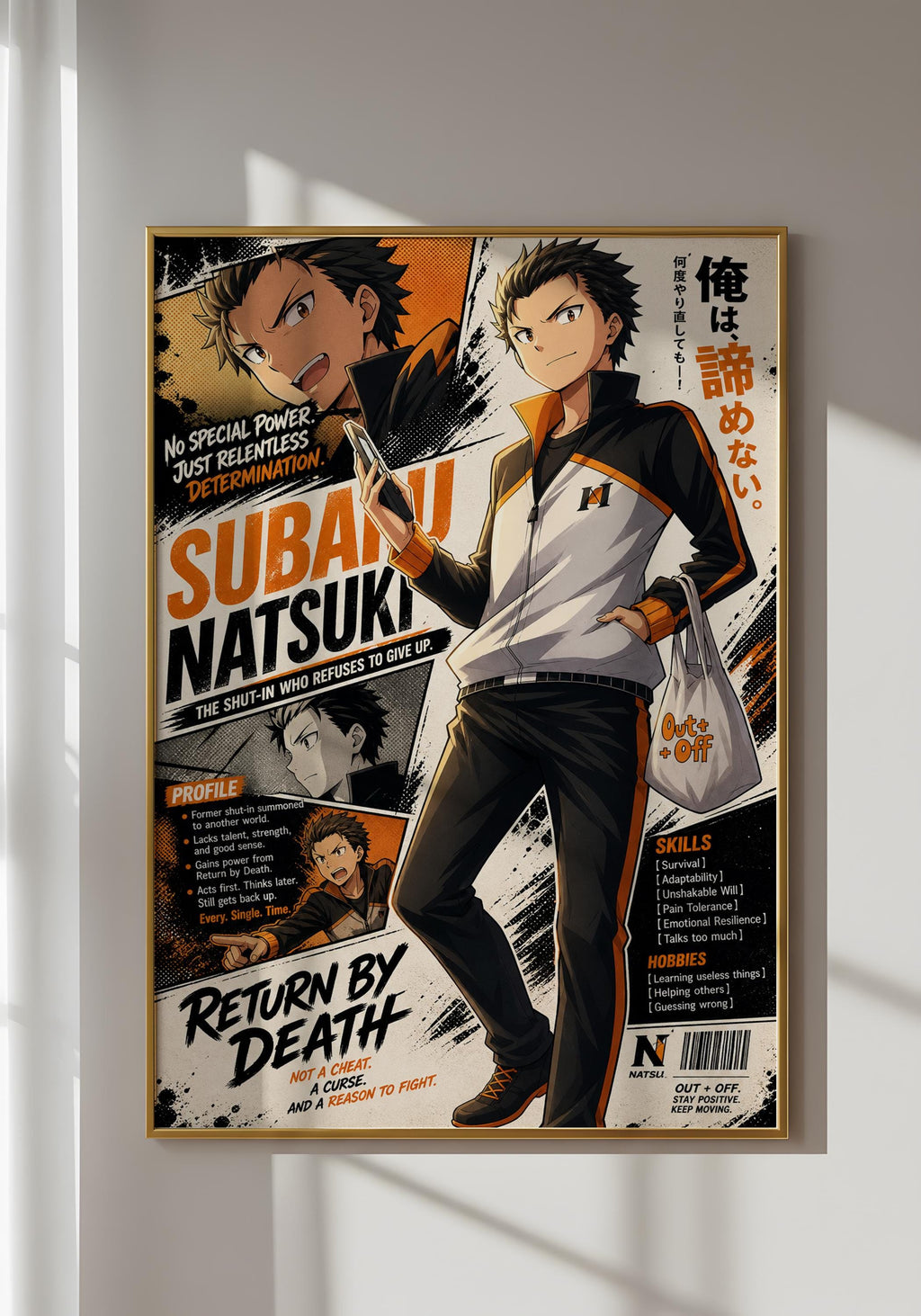 The image is a poster featuring an anime character, Subaru Natsuaki, who is depicted in various poses and settings. The poster includes text and images that provide information about Subaru Natsuaki, such as his name, his role in the anime series, and his abilities. The poster also includes a tagline that reads "Return by Death" and a message about his character's power. The poster is framed and displayed on a wall, likely in a living room or a similar space.