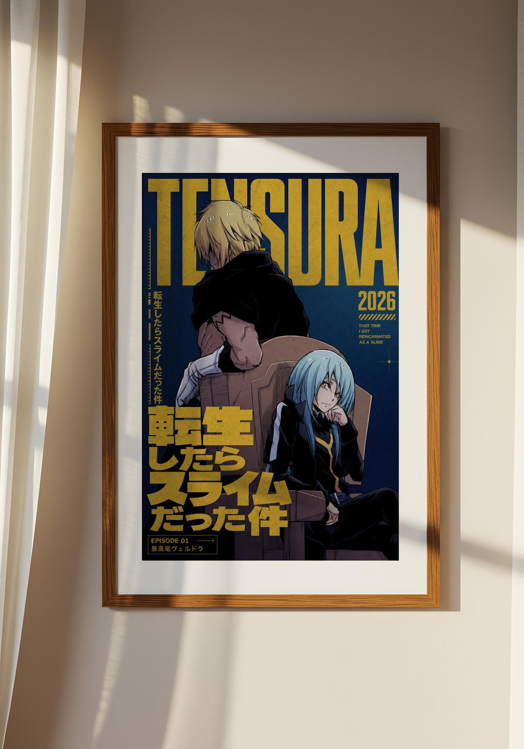 The image is a framed poster featuring two anime characters, one with blonde hair and the other with blue hair, set against a dark background with yellow text.