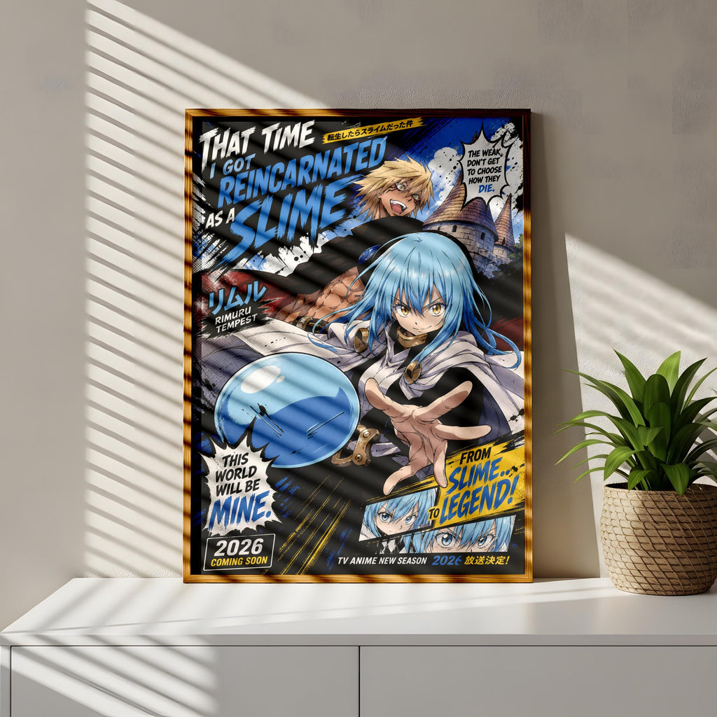 The image is a poster featuring an anime-style illustration of a character with blue hair and a white outfit, surrounded by various text elements and a large blue bubble.
