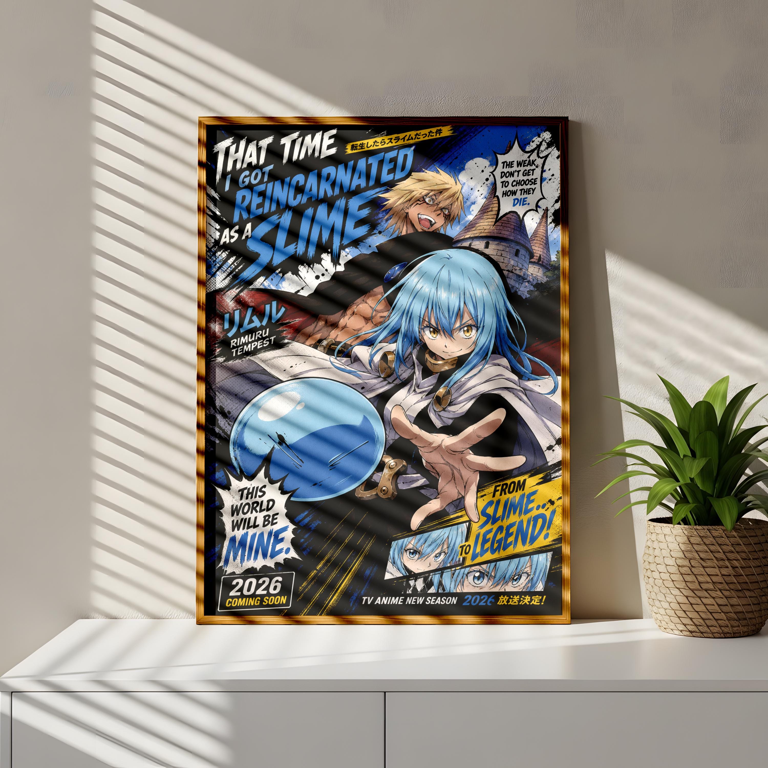 The image is a poster featuring an anime-style illustration of a character with blue hair and a white outfit, surrounded by various text elements and a large blue bubble.