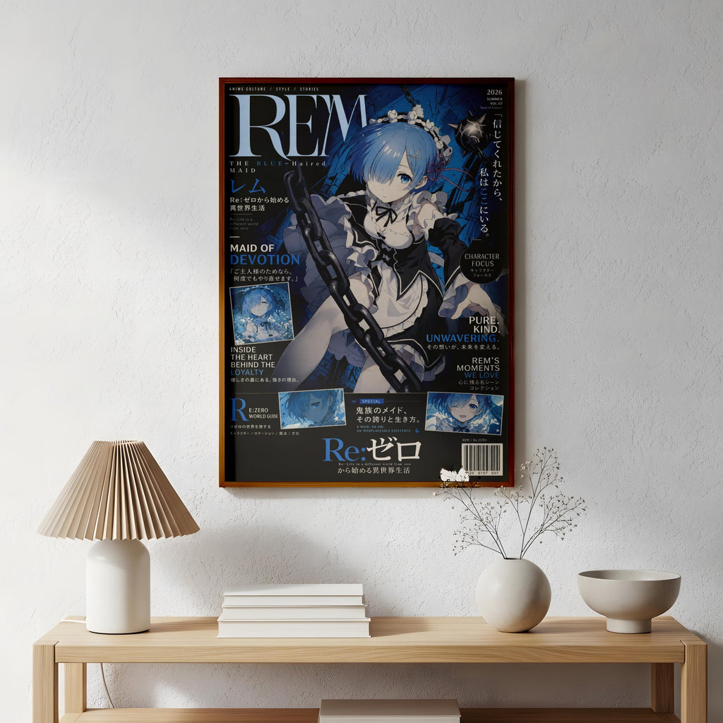 a poster of an anime character hanging on a wall above a wooden table with various items on it.