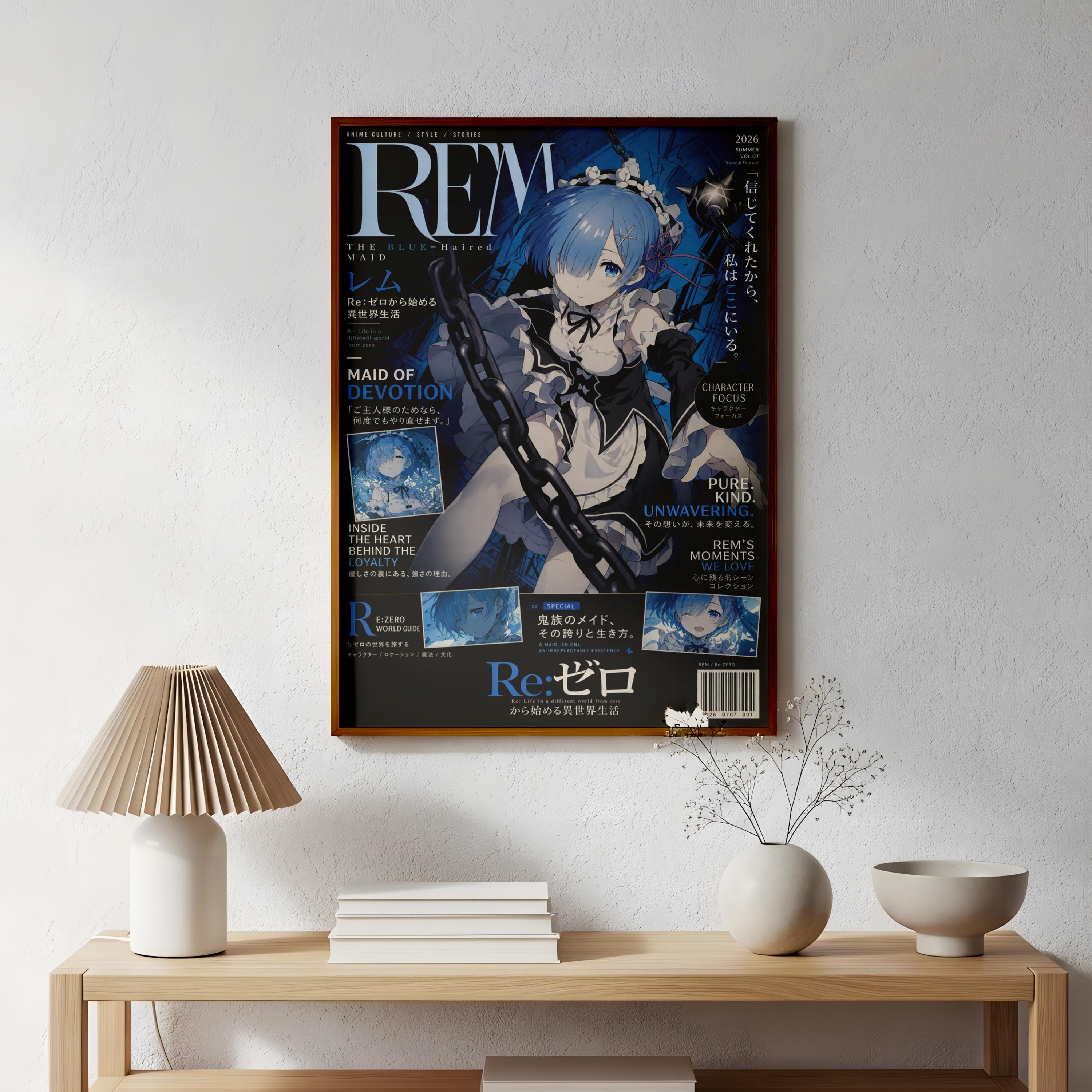a poster of an anime character hanging on a wall above a wooden table with various items on it.