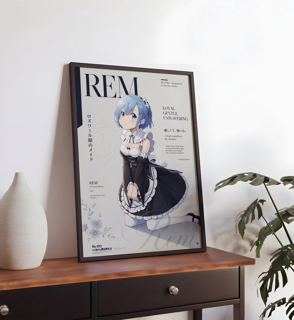 an anime poster of a young girl in a black and white dress, with the text "REM" prominently displayed.