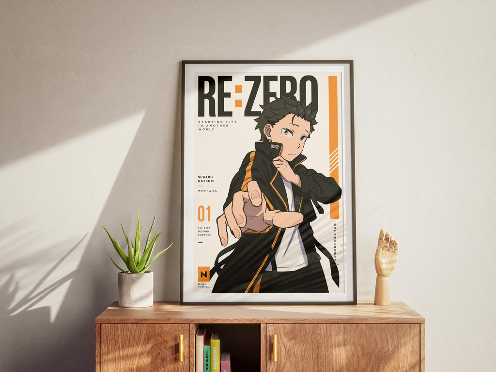 a poster of a character from the anime series "Re:Zero" displayed on a wooden cabinet.