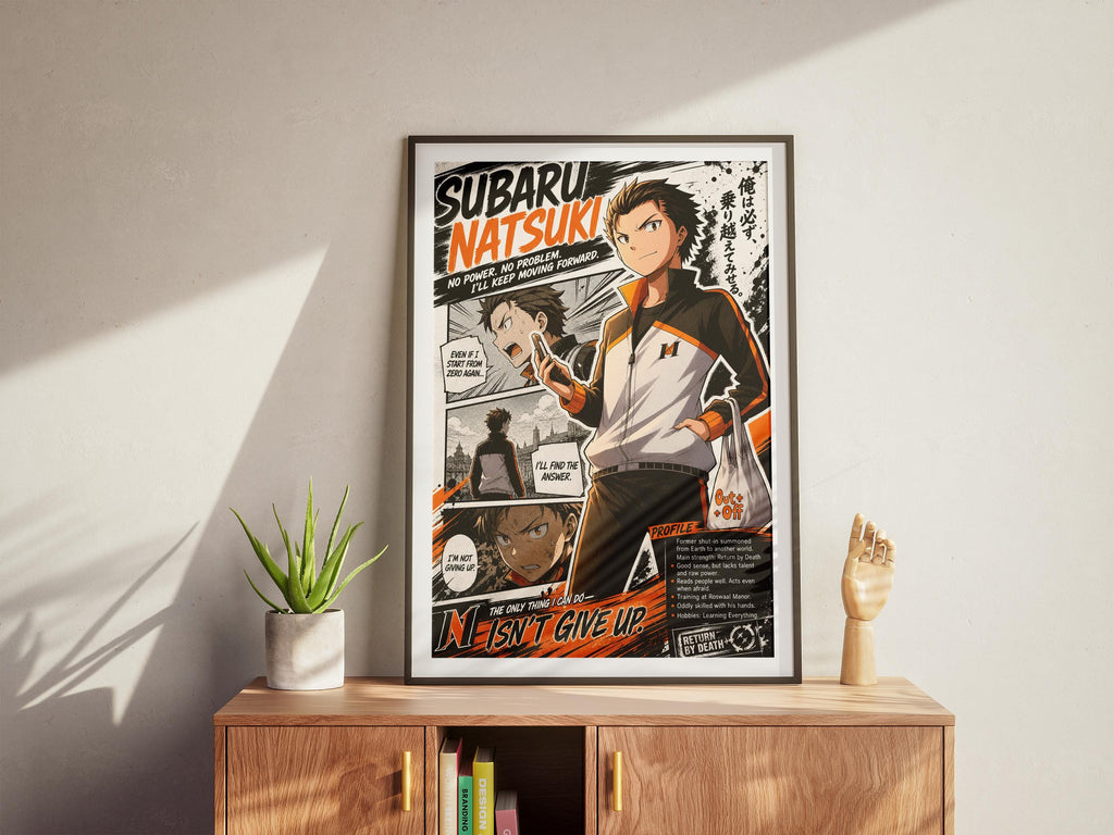 The image is a framed poster featuring an animated character, specifically Subaru Natsuaki, who is shown in various action poses. The poster is displayed on a wooden cabinet, with a potted plant and a small figurine on the cabinet.