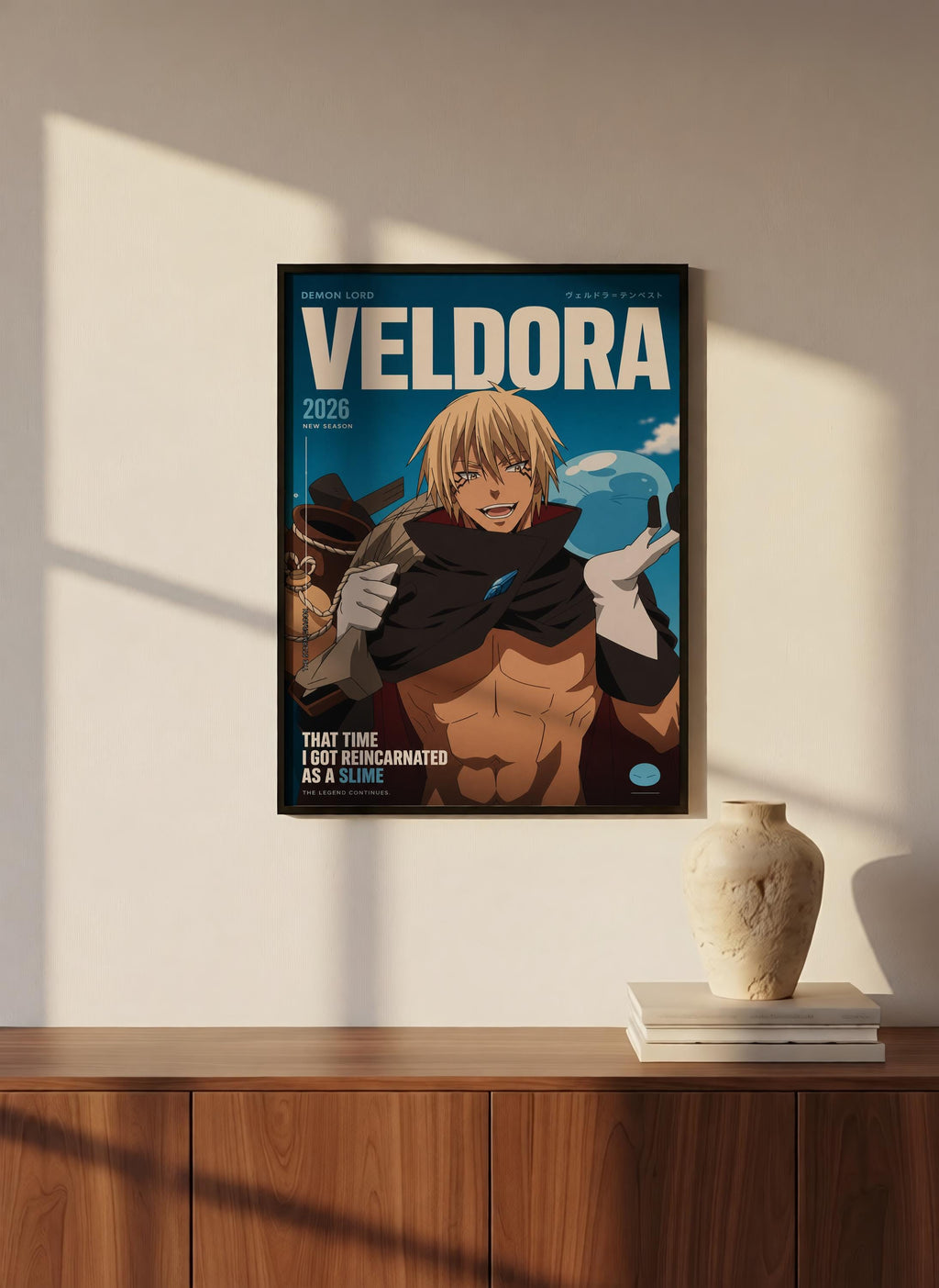 a poster of a character named Veldora, who is depicted as a muscular, blond male with a serious expression. The poster is hanging on a wall, and there is a vase and some books placed on a wooden cabinet below it.