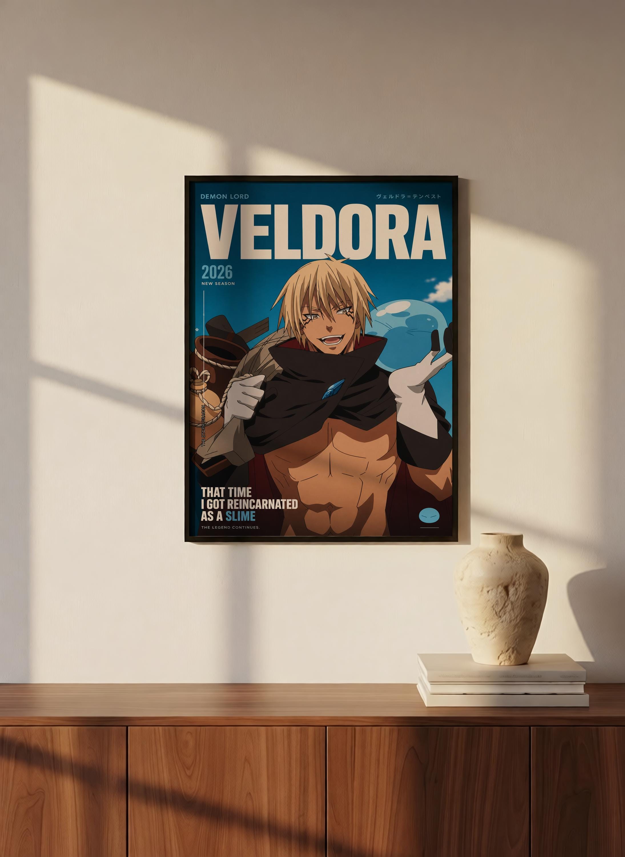a poster of a character named Veldora, who is depicted as a muscular, blond male with a serious expression. The poster is hanging on a wall, and there is a vase and some books placed on a wooden cabinet below it.