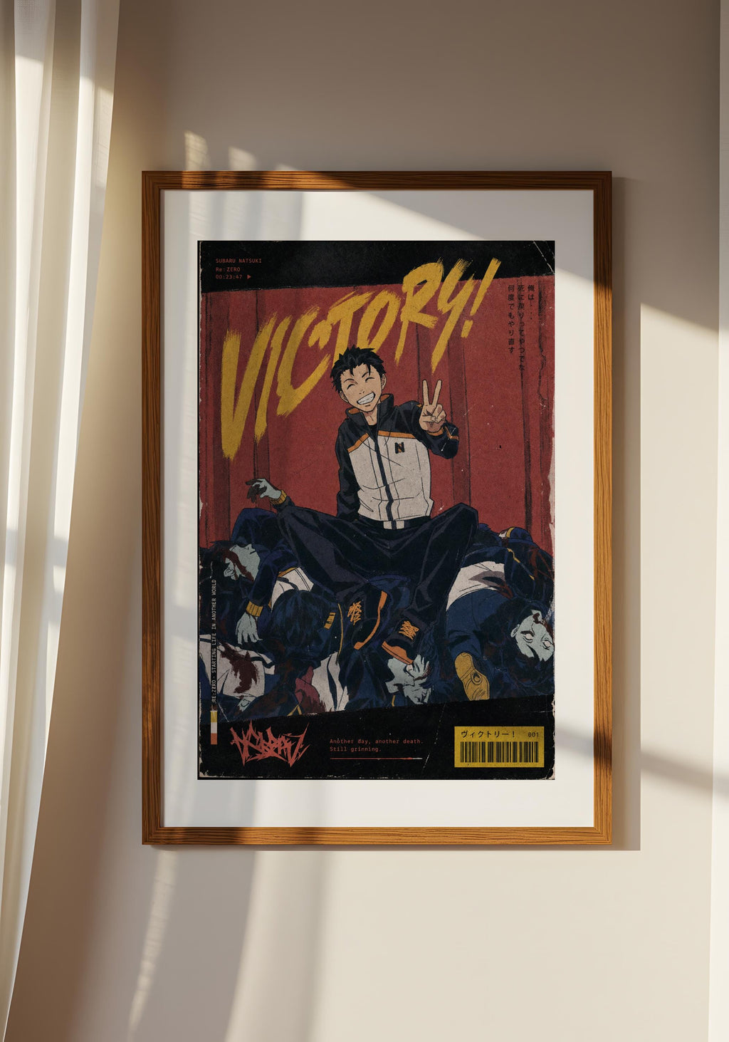 The image is a framed poster featuring an illustration of a person in a white and black outfit, with the word "VICTORY!" prominently displayed.