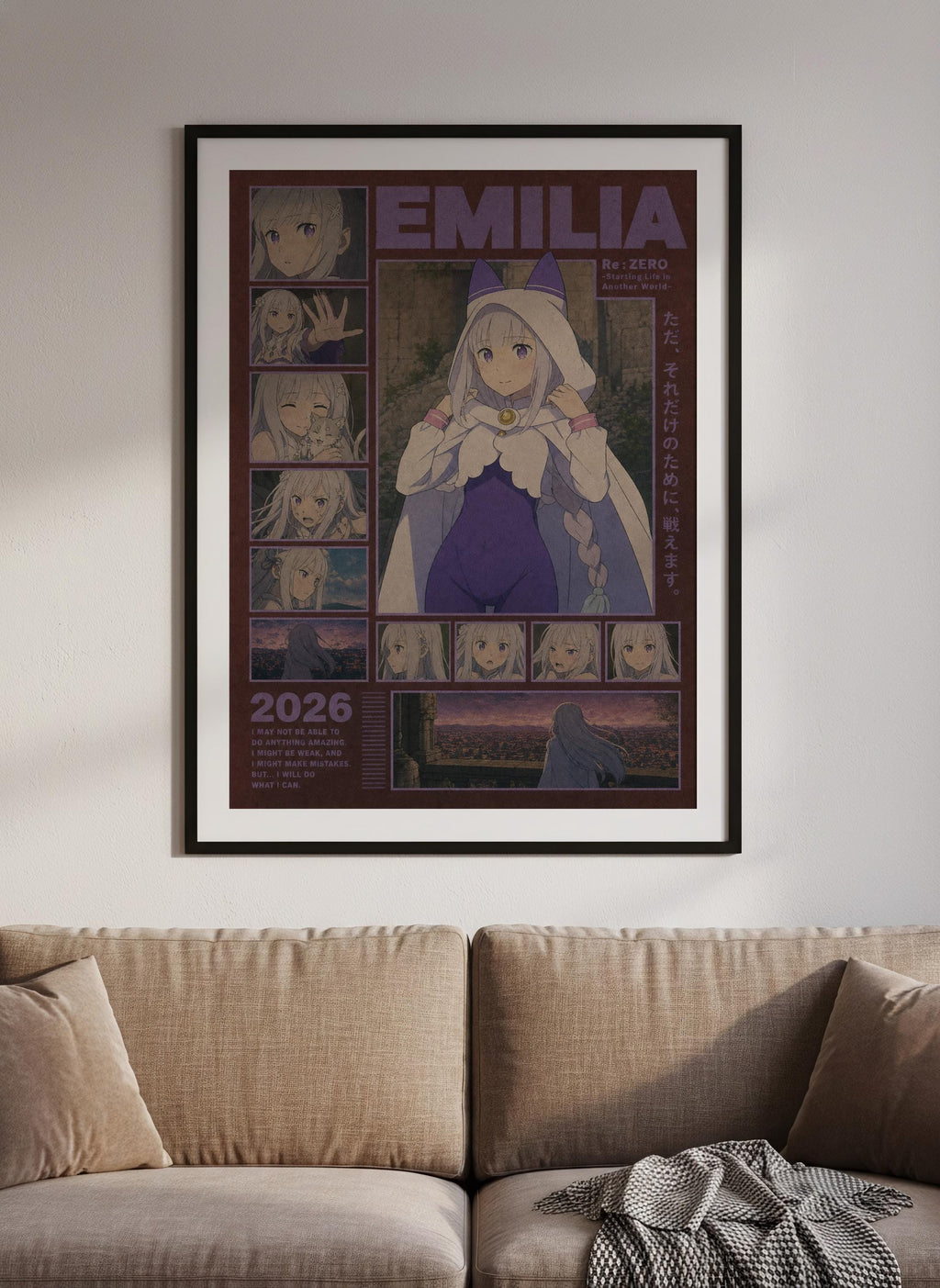 The image is a framed poster featuring an anime-style illustration of a character named Emilia. The poster is displayed on a wall above a couch, creating a cozy and artistic atmosphere in the living space.