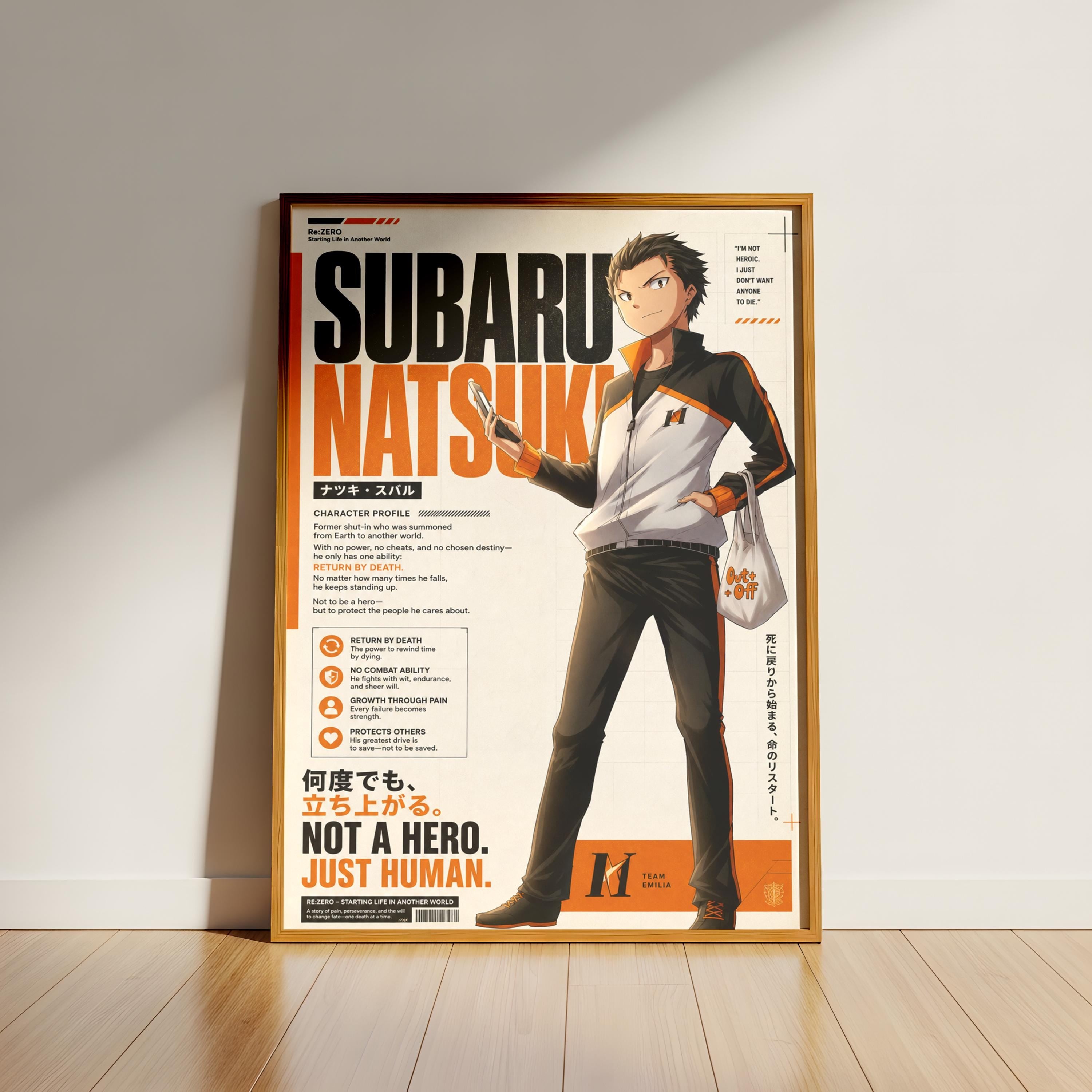 The image is a poster featuring an anime character, Subaru Natsuki, who is described as a "hero" and "not a hero, just human". The poster includes text and various icons, including a "Team" logo, and is displayed on a wall.