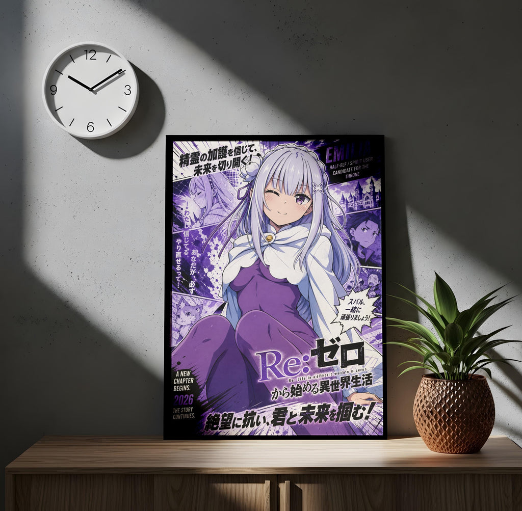 a poster of an anime character with a clock on the wall above it.