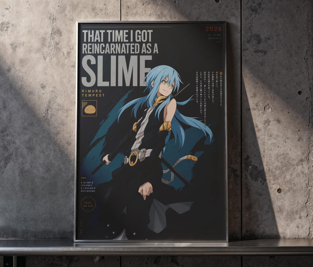 The image is a poster featuring an anime character with blue hair and a black outfit, standing in a dark, moody setting.
