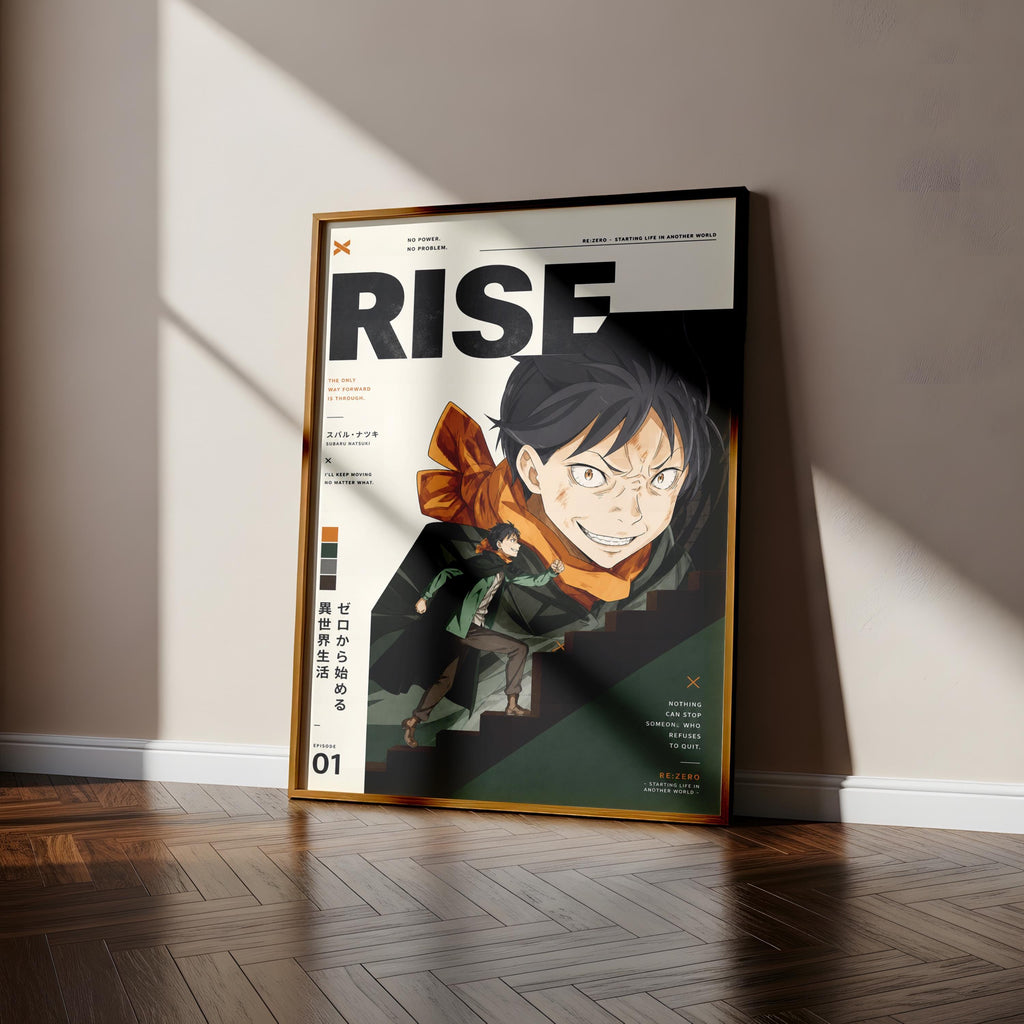 The image is a poster featuring an anime character with a large "RISE" text in the center. The poster is displayed on a wooden floor against a white wall.