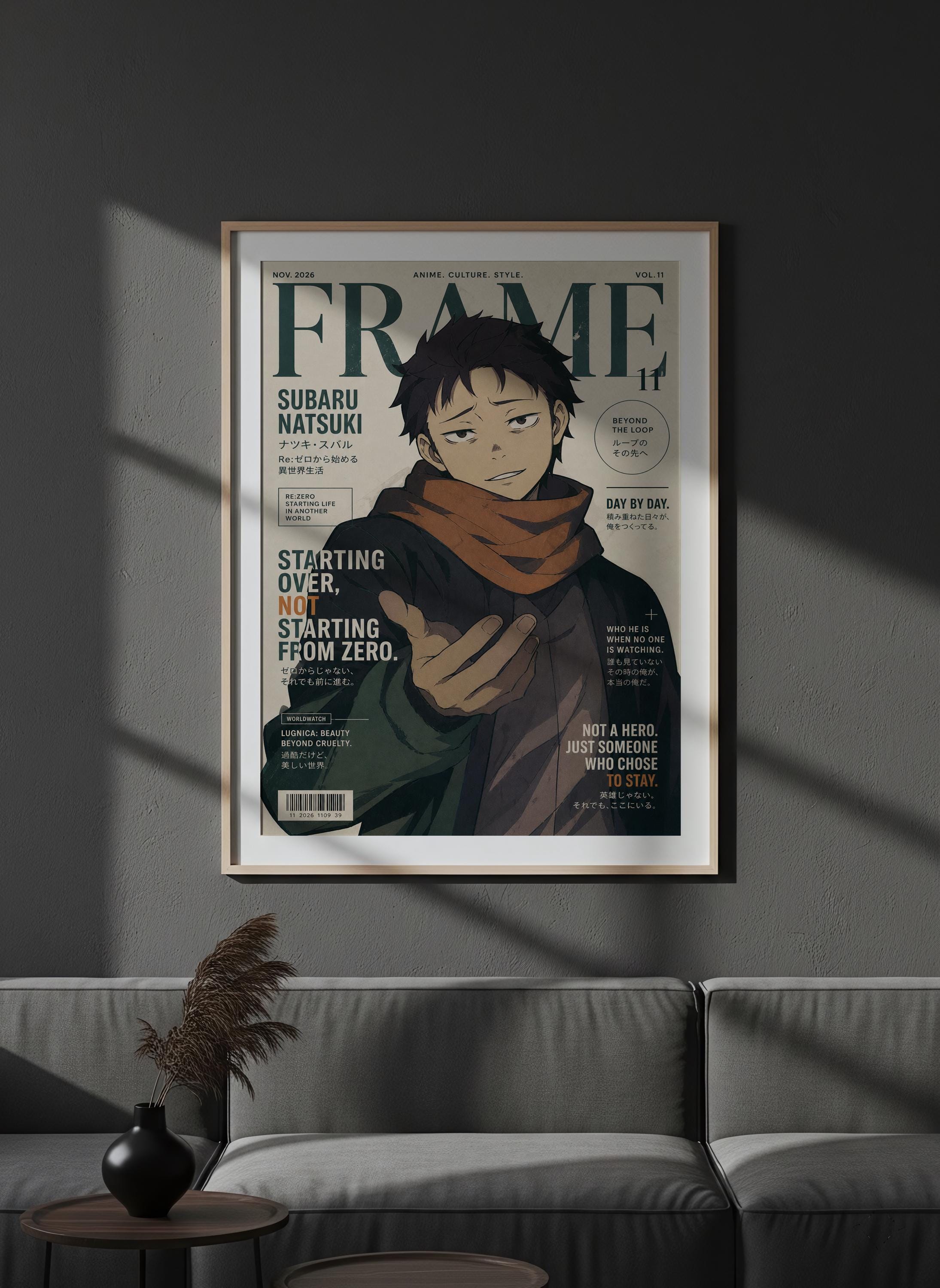 an anime-style illustration of a character on a framed poster, hanging on a wall above a couch.