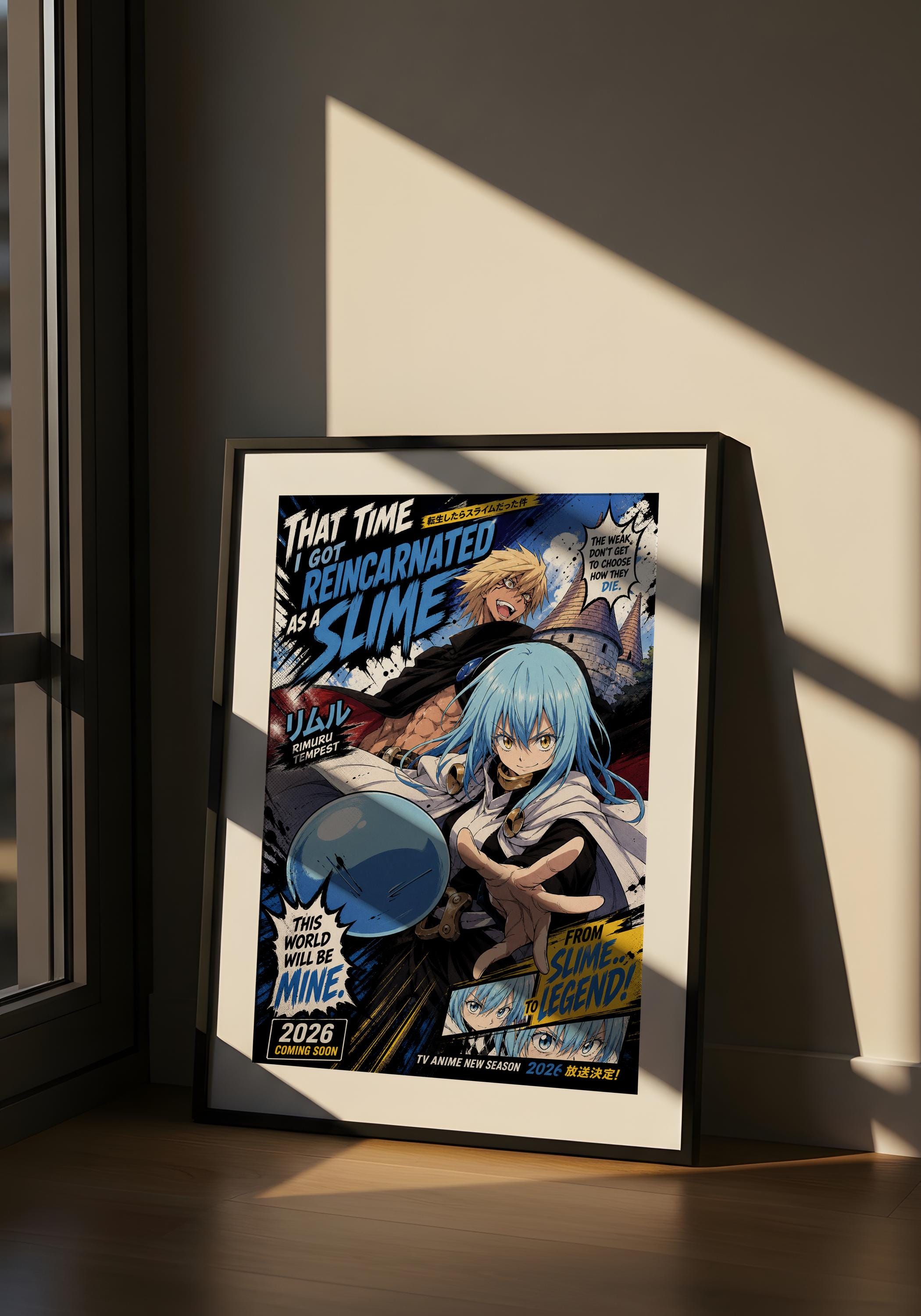 The image is a framed poster featuring an anime-style illustration of a character with blue hair and a white outfit, surrounded by various elements such as text and imagery.