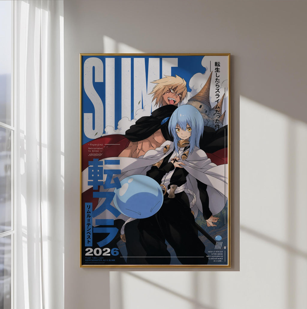 The image is a framed poster featuring two anime characters, one with blonde hair and the other with blue hair, both holding a blue object. The poster has a blue and white color scheme and includes Japanese text.