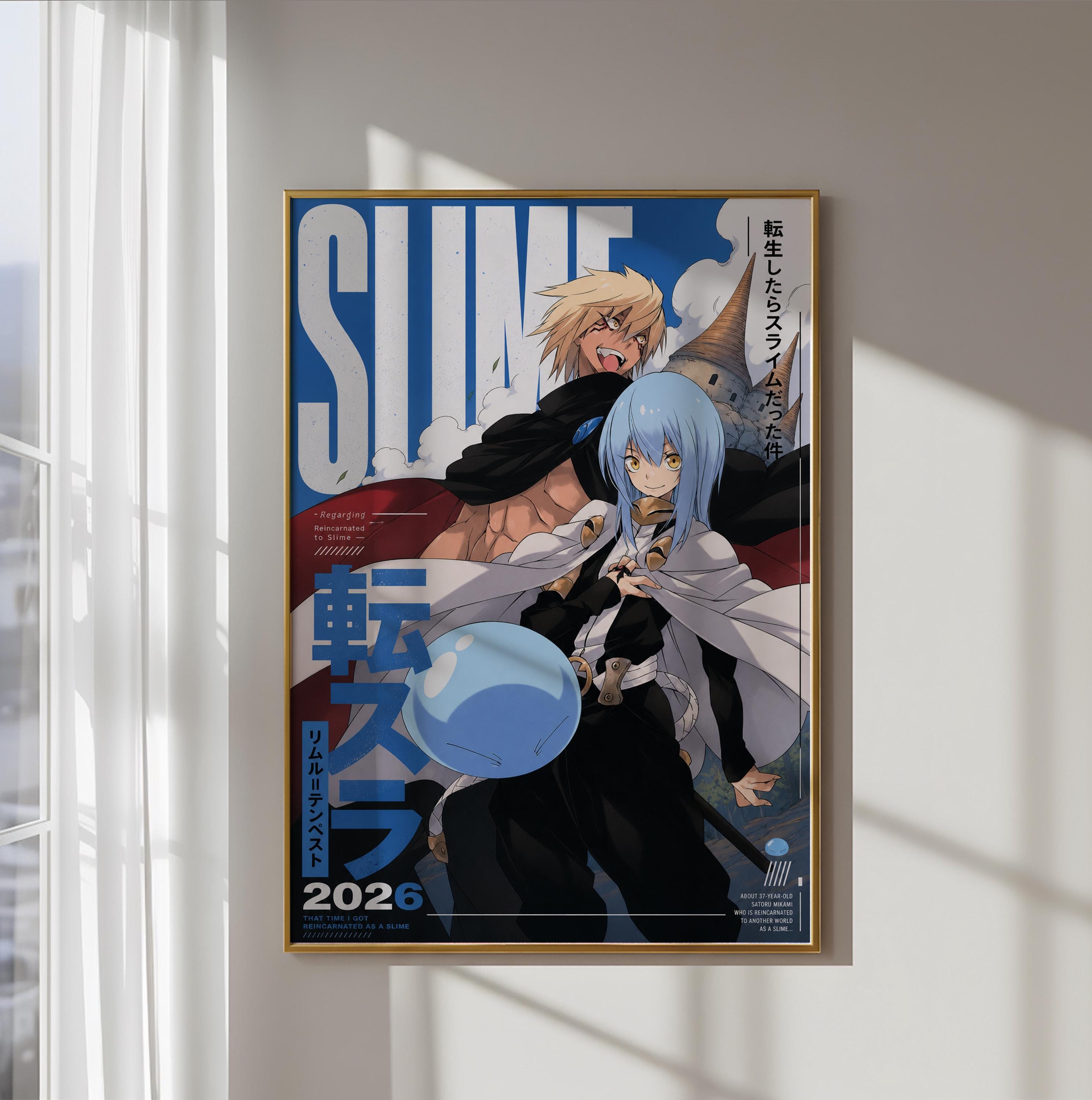 The image is a framed poster featuring two anime characters, one with blonde hair and the other with blue hair, both holding a blue object. The poster has a blue and white color scheme and includes Japanese text.