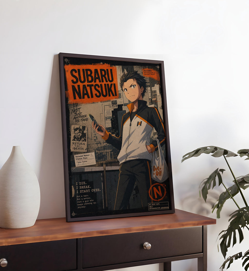 an anime poster of Subaru Natsuki, a character from the series "Re:Take". The poster is displayed on a wooden table, with a white vase to the left of it.