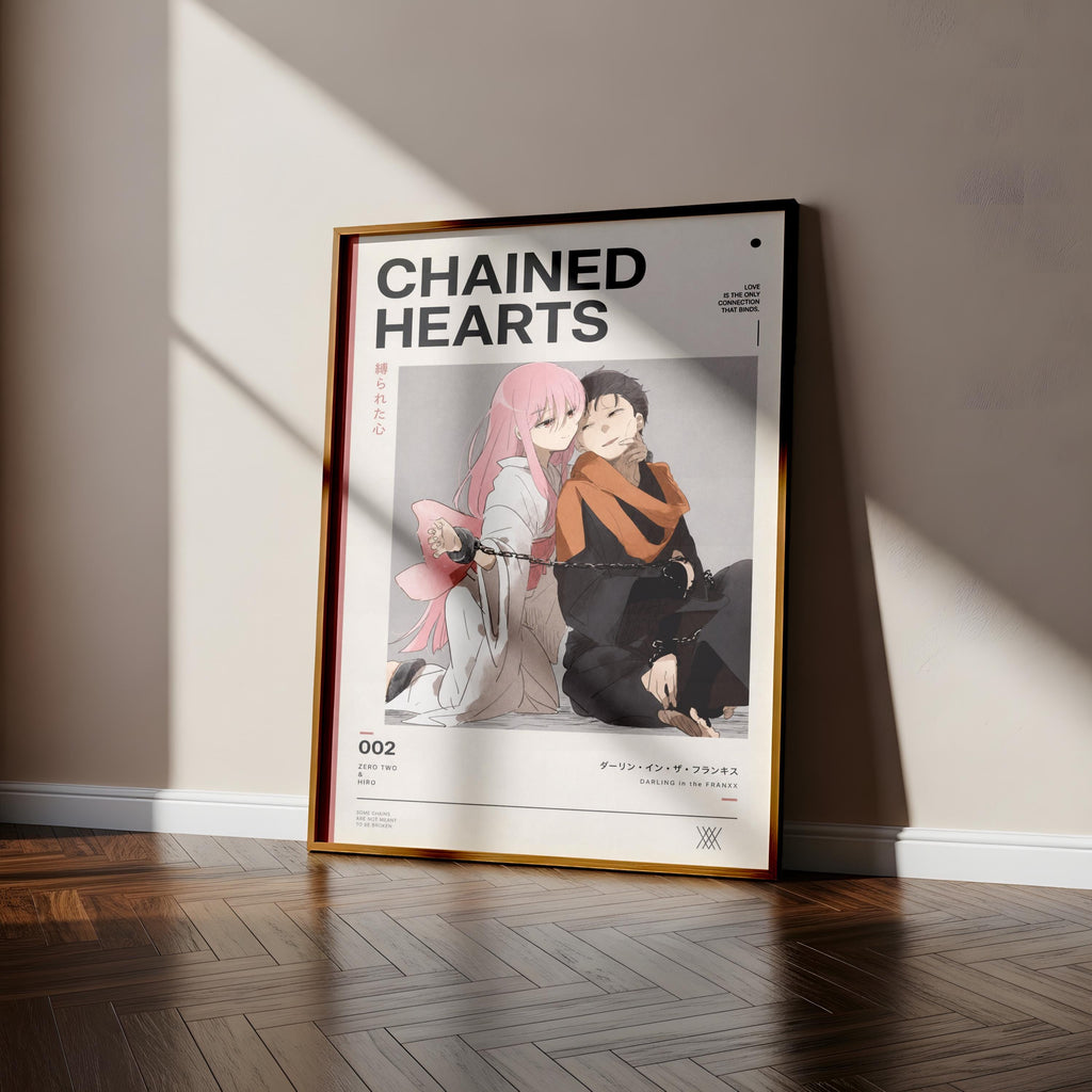 The image is a framed poster of an anime-style illustration of two characters, one with pink hair and the other with dark hair, sitting together and appearing to be in a loving embrace.
