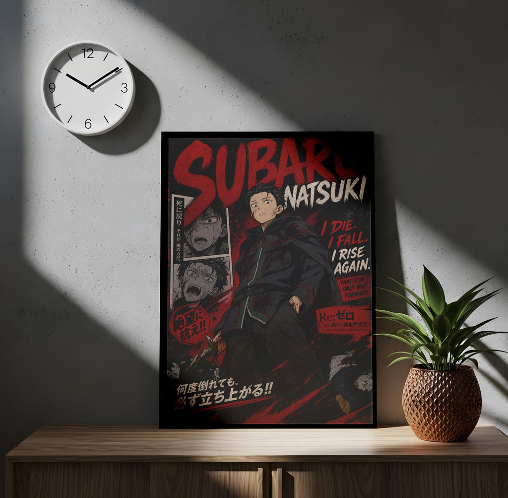 a poster of a character named Subaru, with a clock on the wall above it. The poster has a dark, dramatic design with bold text and imagery.