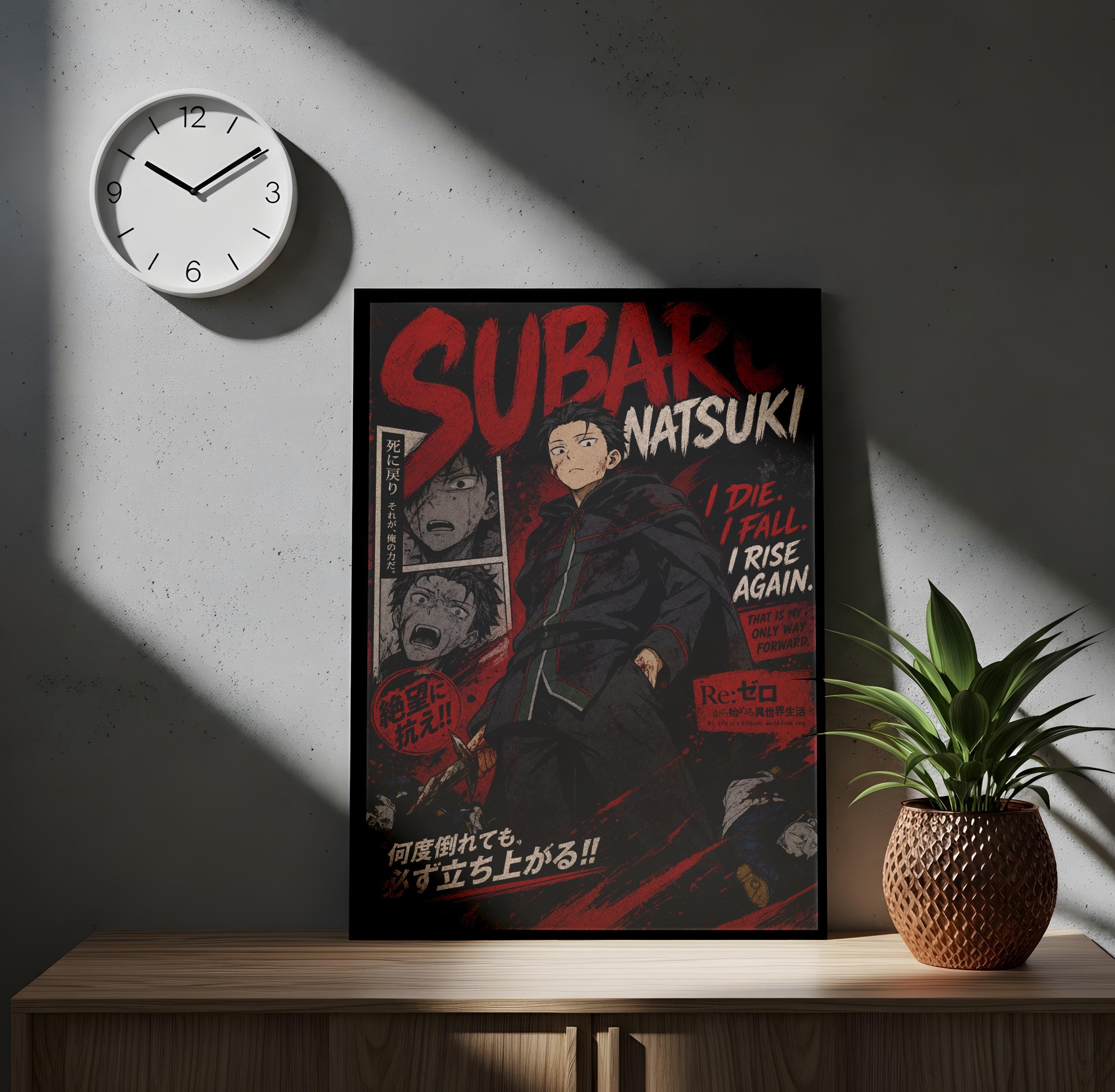 a poster of a character named Subaru, with a clock on the wall above it. The poster has a dark, dramatic design with bold text and imagery.