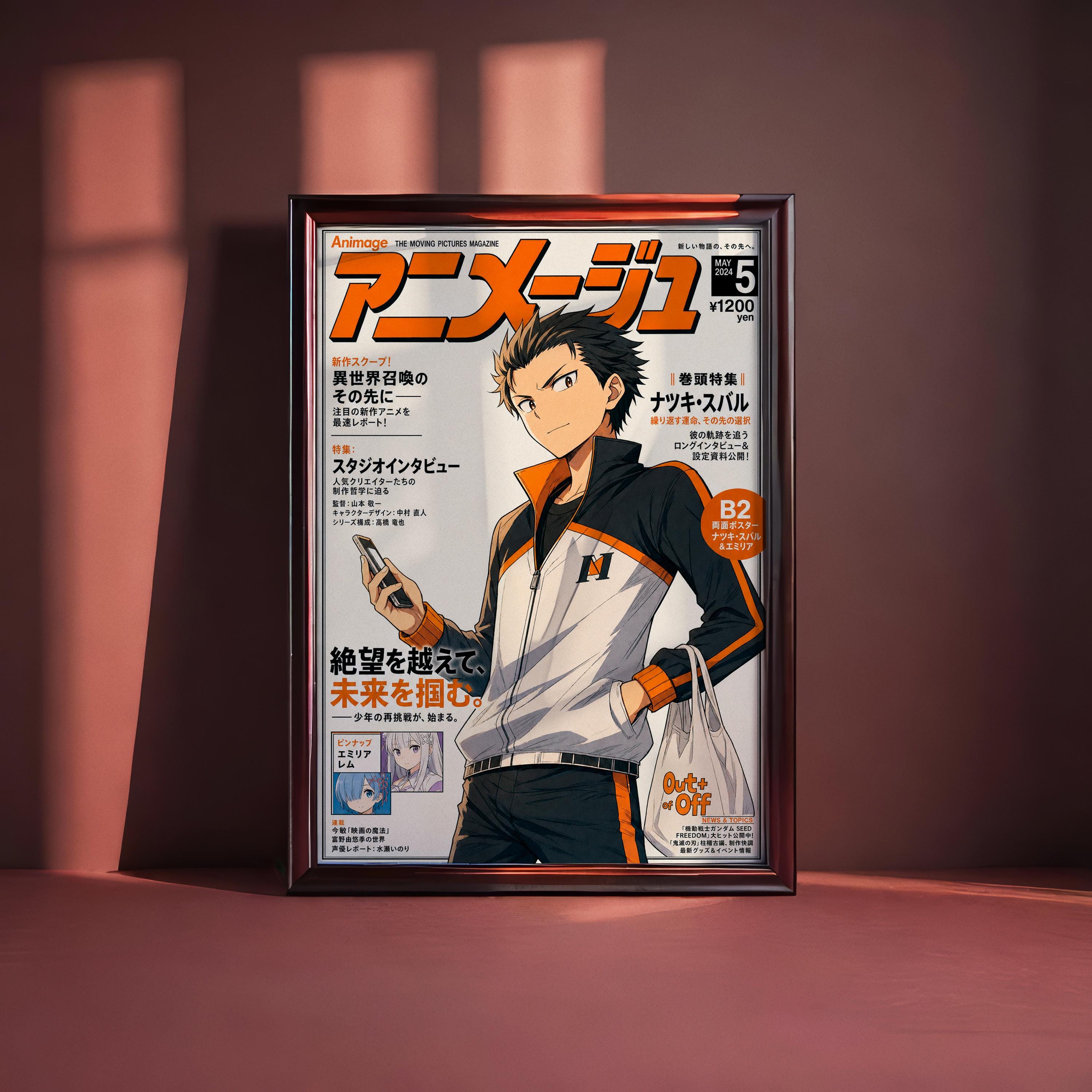The image is a framed poster featuring an anime-style illustration of a male character wearing a white and orange outfit, holding a phone and standing in front of a pink background.