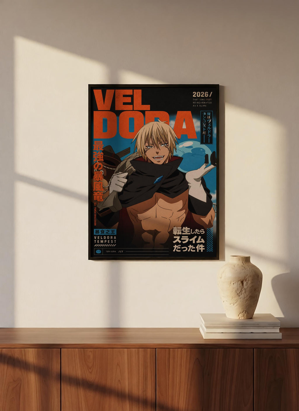 a poster of a character named Velora, who is a character from the anime series "Doraemon". The poster is hanging on a wall, and there is a vase and some books placed on a wooden cabinet below it.