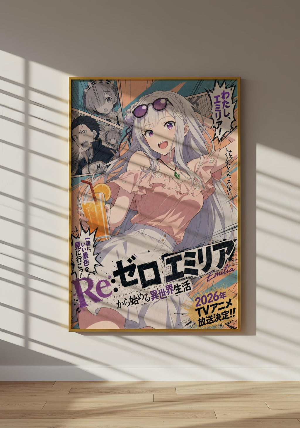 The image is a poster featuring an anime-style illustration of a young woman with long hair and sunglasses, along with various other characters and text elements.