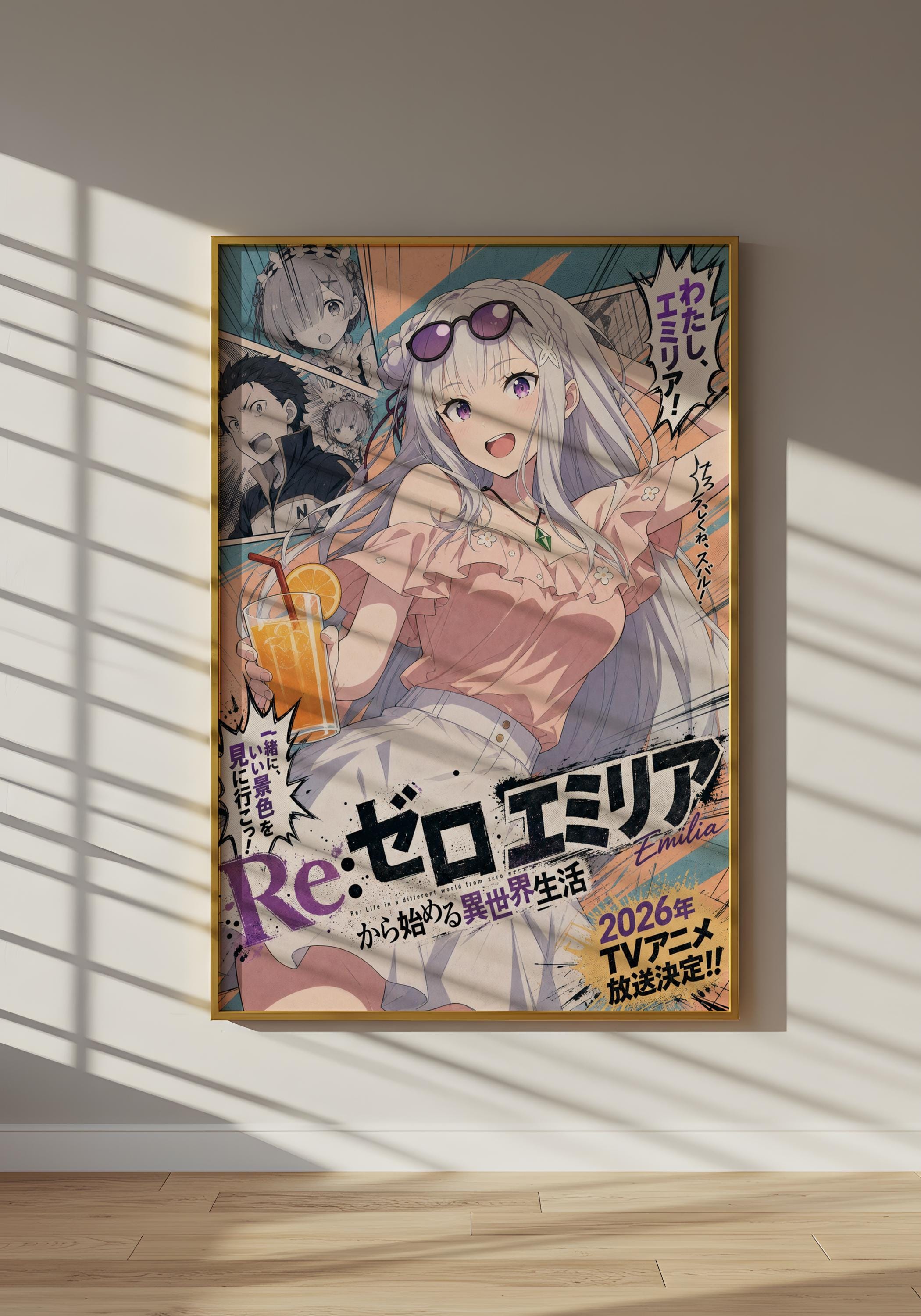 The image is a poster featuring an anime-style illustration of a young woman with long hair and sunglasses, along with various other characters and text elements.
