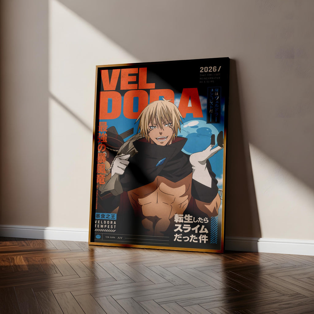The image is a poster featuring an anime character with a muscular build and blonde hair, standing in a room with a wooden floor.