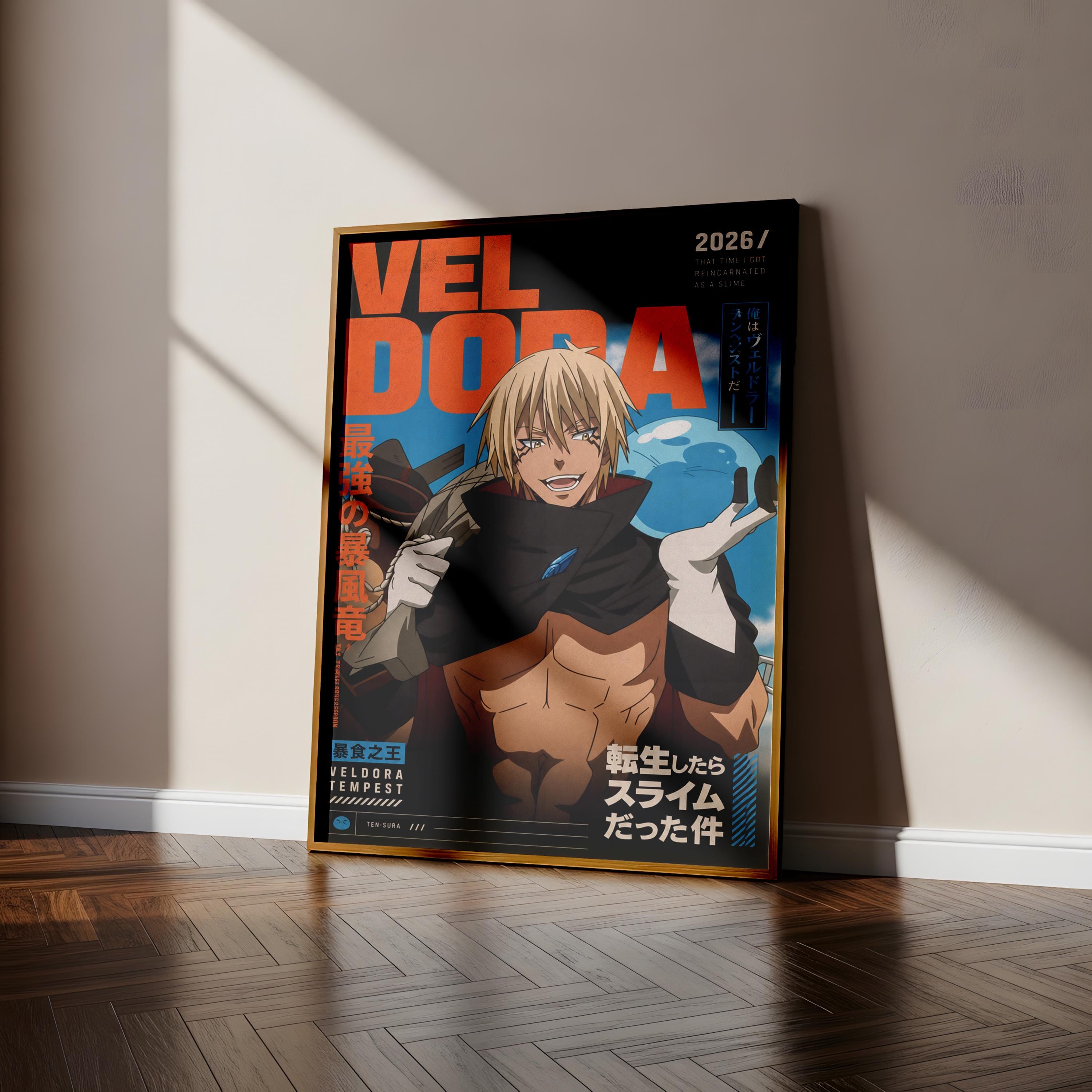 The image is a poster featuring an anime character with a muscular build and blonde hair, standing in a room with a wooden floor.