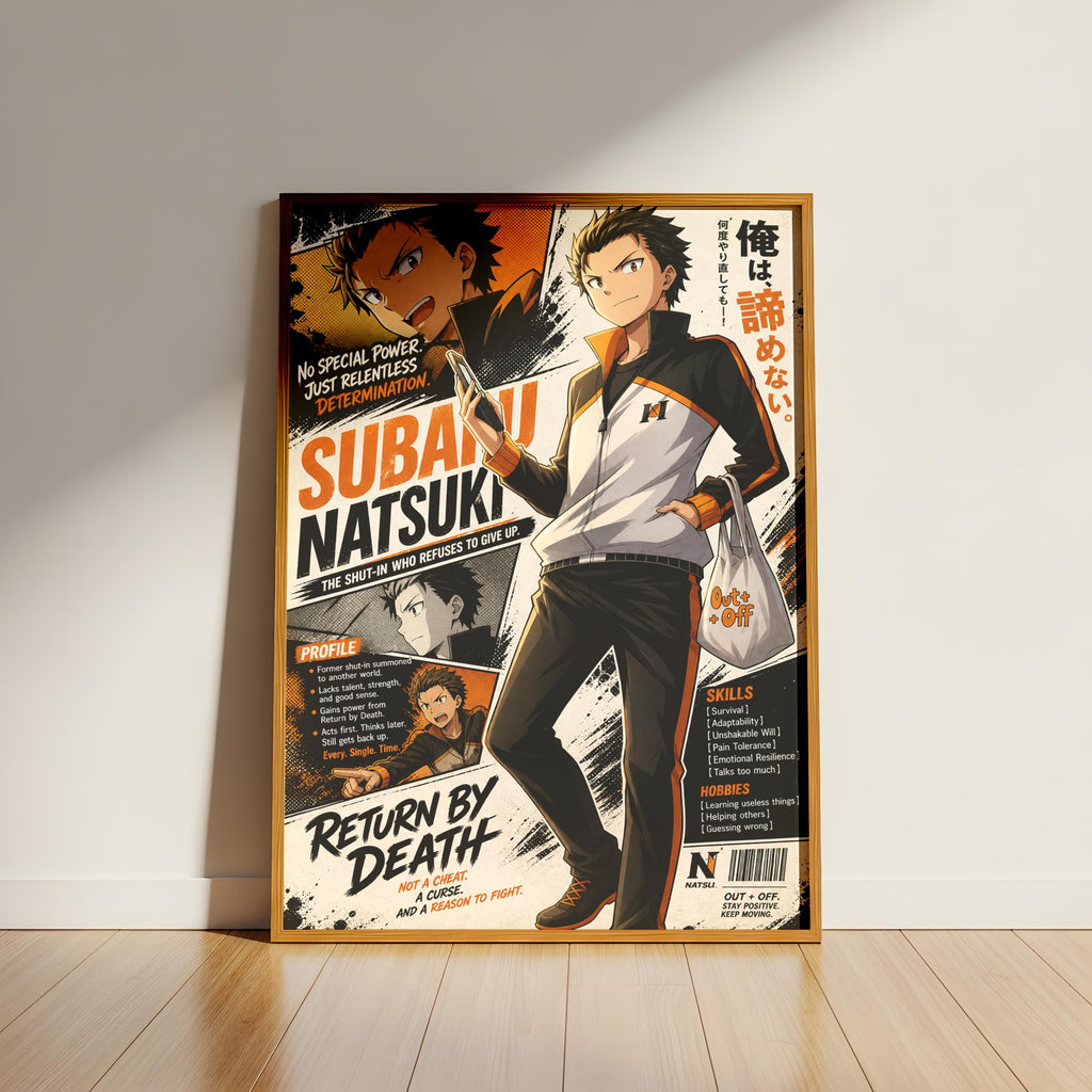 The image is a poster featuring an anime character, specifically SUBANI NATSUKI, who is described as a "SHUT-IN-WHO-IN-WHO REFELTLESS DETERMINIST" and a "PROFILES" character. The poster also includes a "RETURN BY DEATH" message and a "NOTICE" section with information about the character. The poster is displayed on a wooden floor against a white wall.