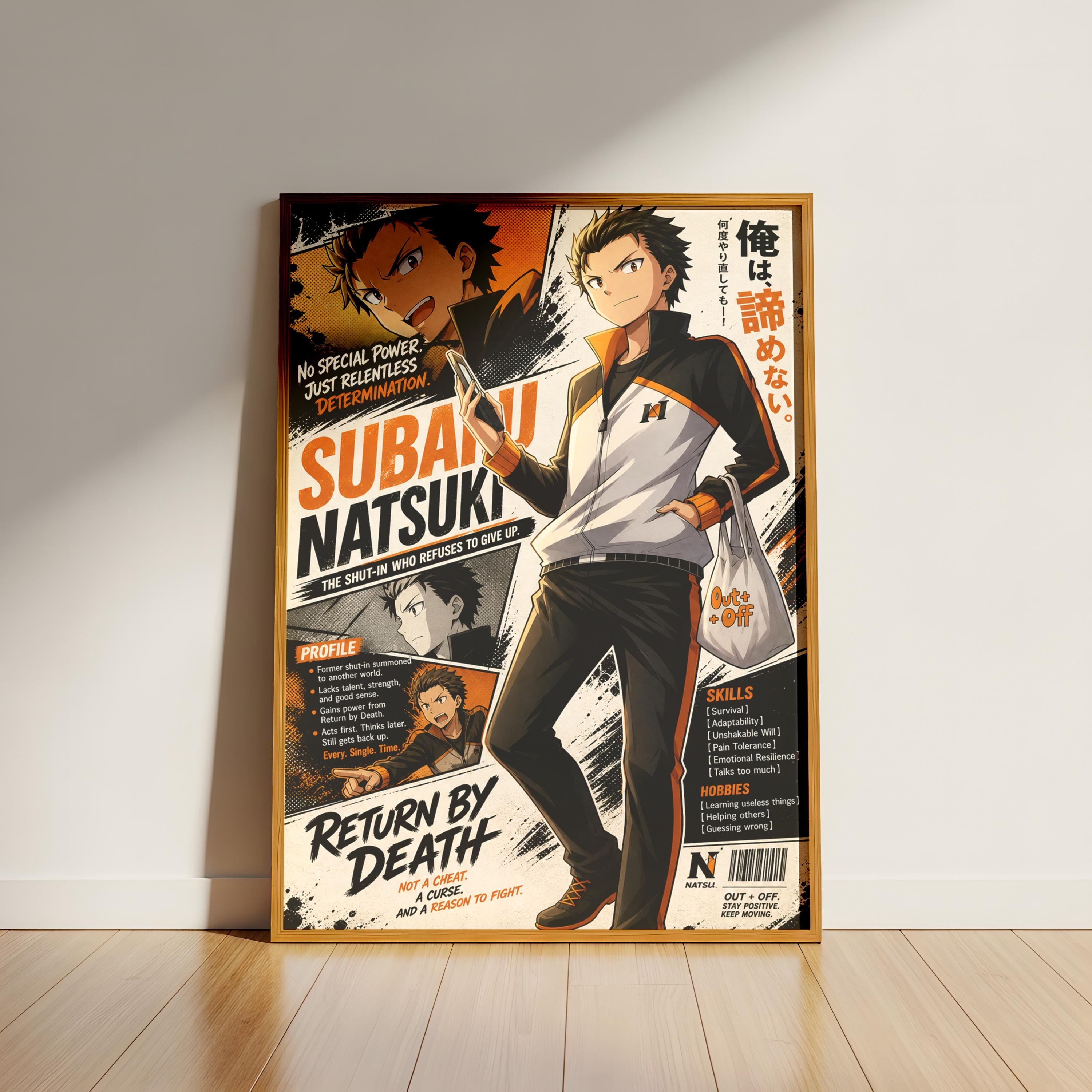 The image is a poster featuring an anime character, specifically SUBANI NATSUKI, who is described as a "SHUT-IN-WHO-IN-WHO REFELTLESS DETERMINIST" and a "PROFILES" character. The poster also includes a "RETURN BY DEATH" message and a "NOTICE" section with information about the character. The poster is displayed on a wooden floor against a white wall.