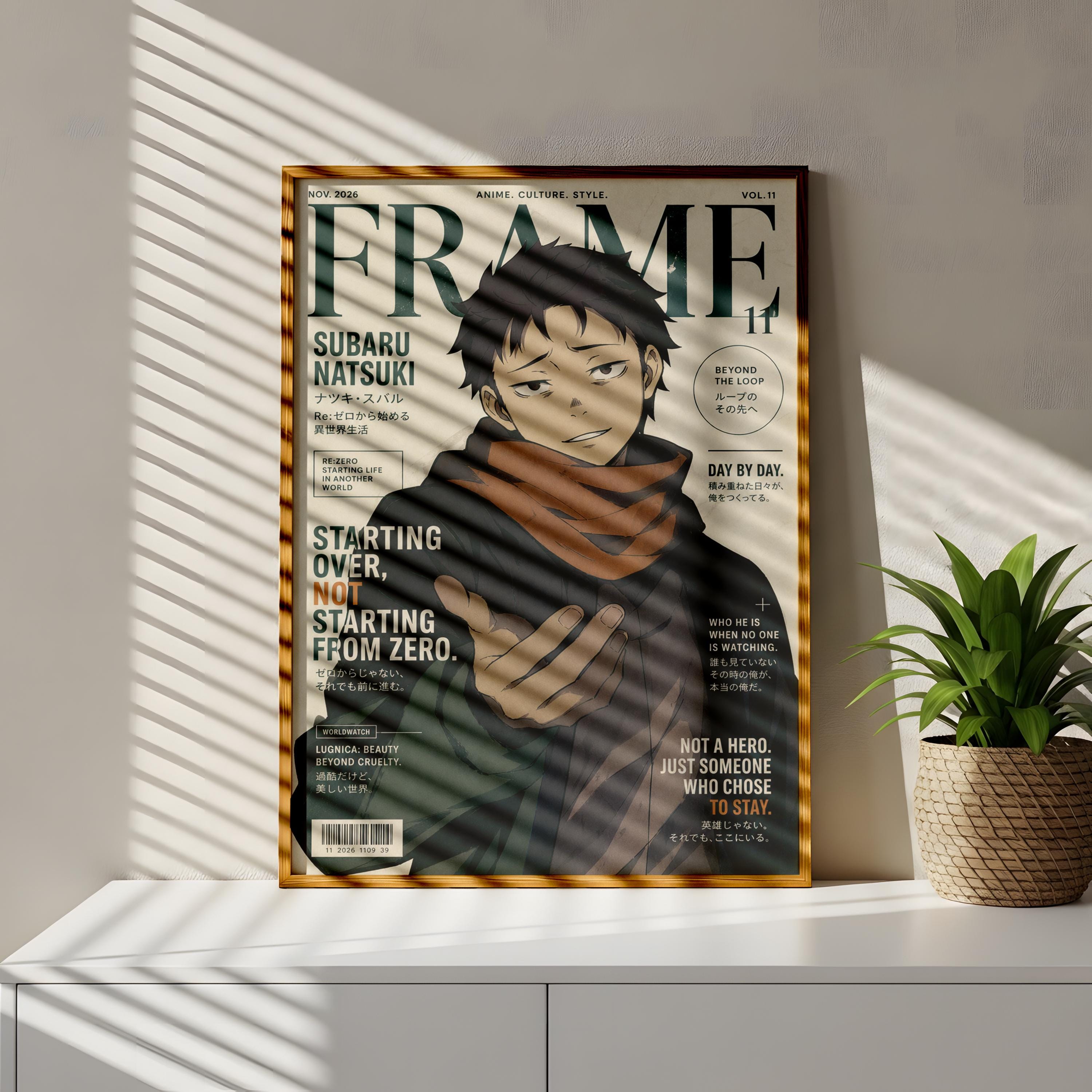 a framed poster of an anime cover with a young man in a dark outfit, standing in front of a window with blinds.