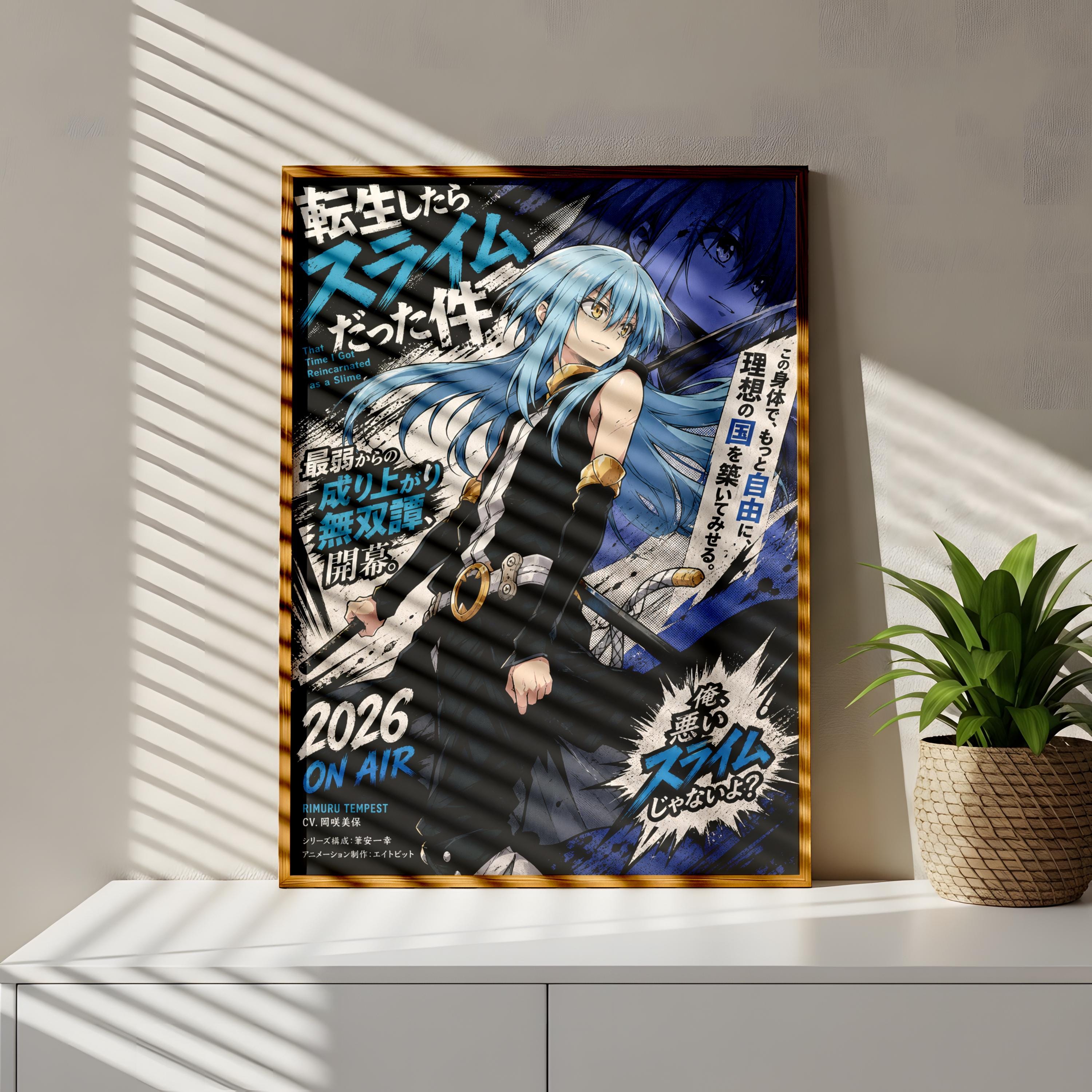 The image is a poster featuring an anime-style illustration of a character with blue hair, wearing a black outfit and holding a sword. The poster is framed and displayed on a shelf next to a potted plant.