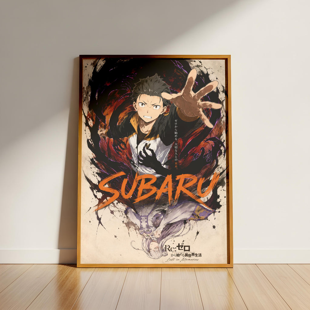 The image is a framed poster featuring an anime character with the name Subaru. The poster has a dark and dramatic background with splashes of color, and the character is shown in a dynamic pose with one hand raised.