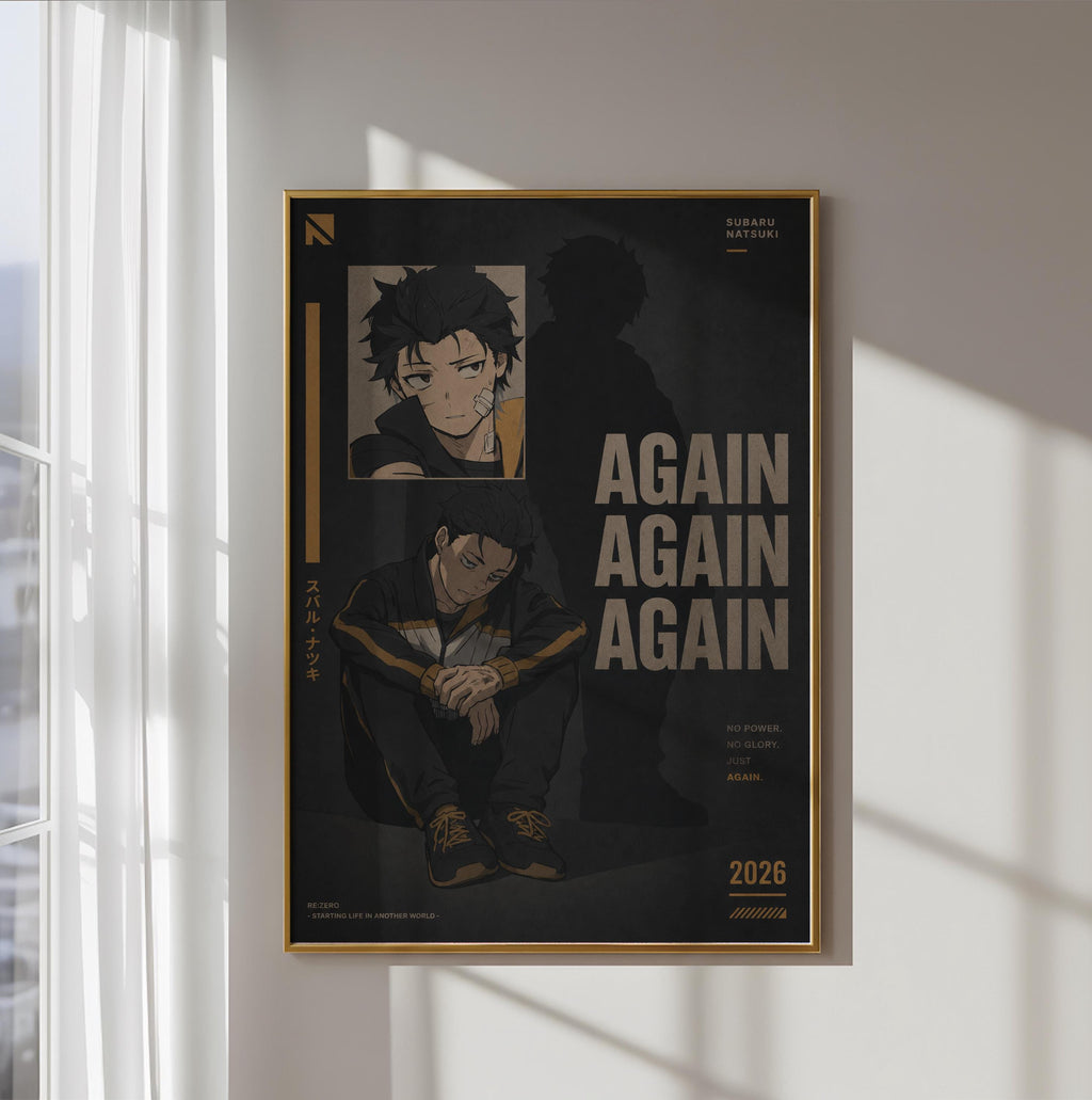 The image is a poster featuring an illustration of a person with dark hair and a serious expression, along with text that reads "AGAIN AGAIN AGAIN" and "NO POWER, NO GLORY, NO JUST, NO AGAIN".