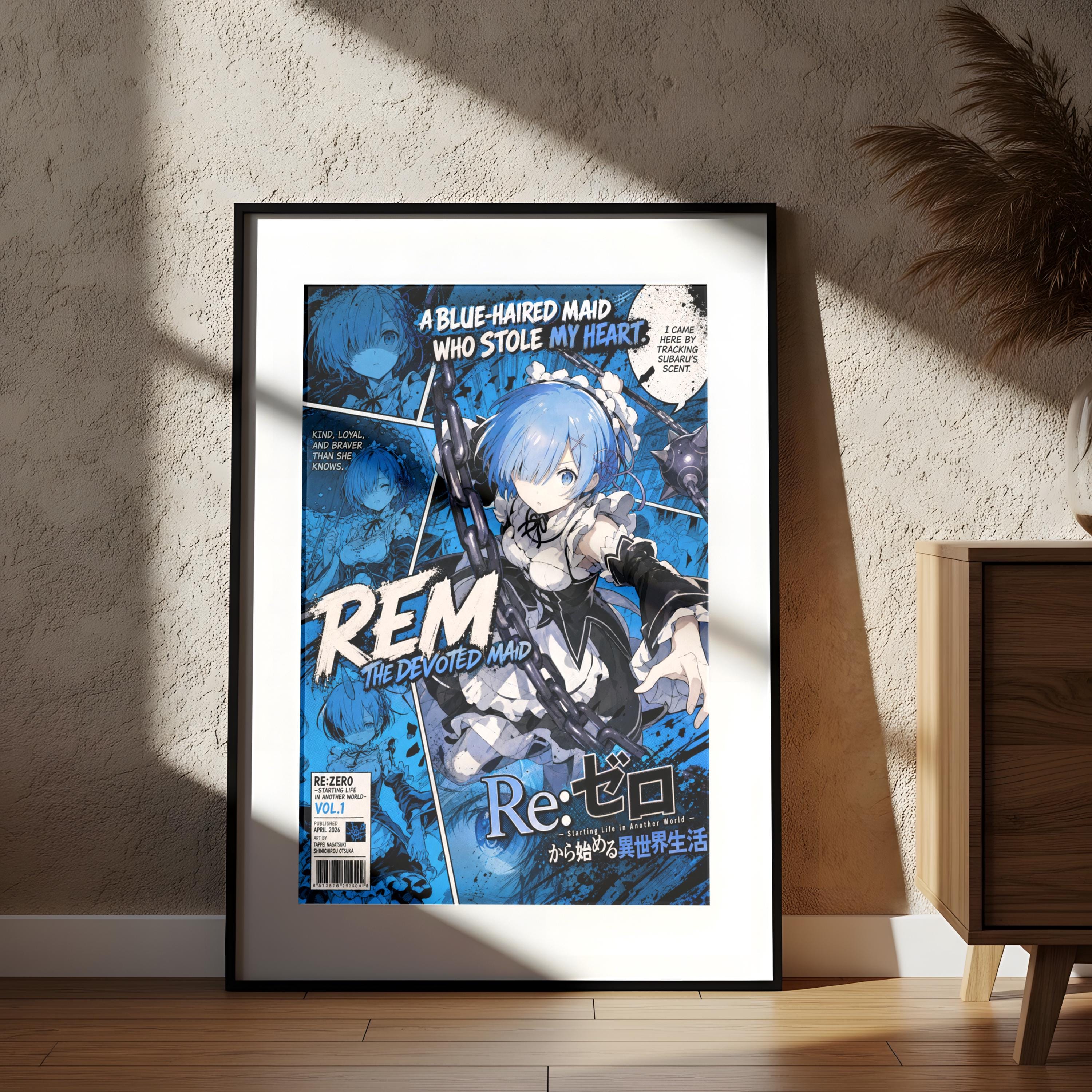The image is a framed poster featuring an anime-style illustration of a blue-haired maid character named REM, who is described as "the devoted maid" and "the stolen heart". The poster also includes text that reads "A BLUE-HAIRED MAID WHO STOLE MY HEART" and "KIND, LOYALTY, THINKING THEY DON'T KNOW THEY DON'T KNOW Scent". The poster is displayed on a wall, and there is a wooden cabinet visible in the background.