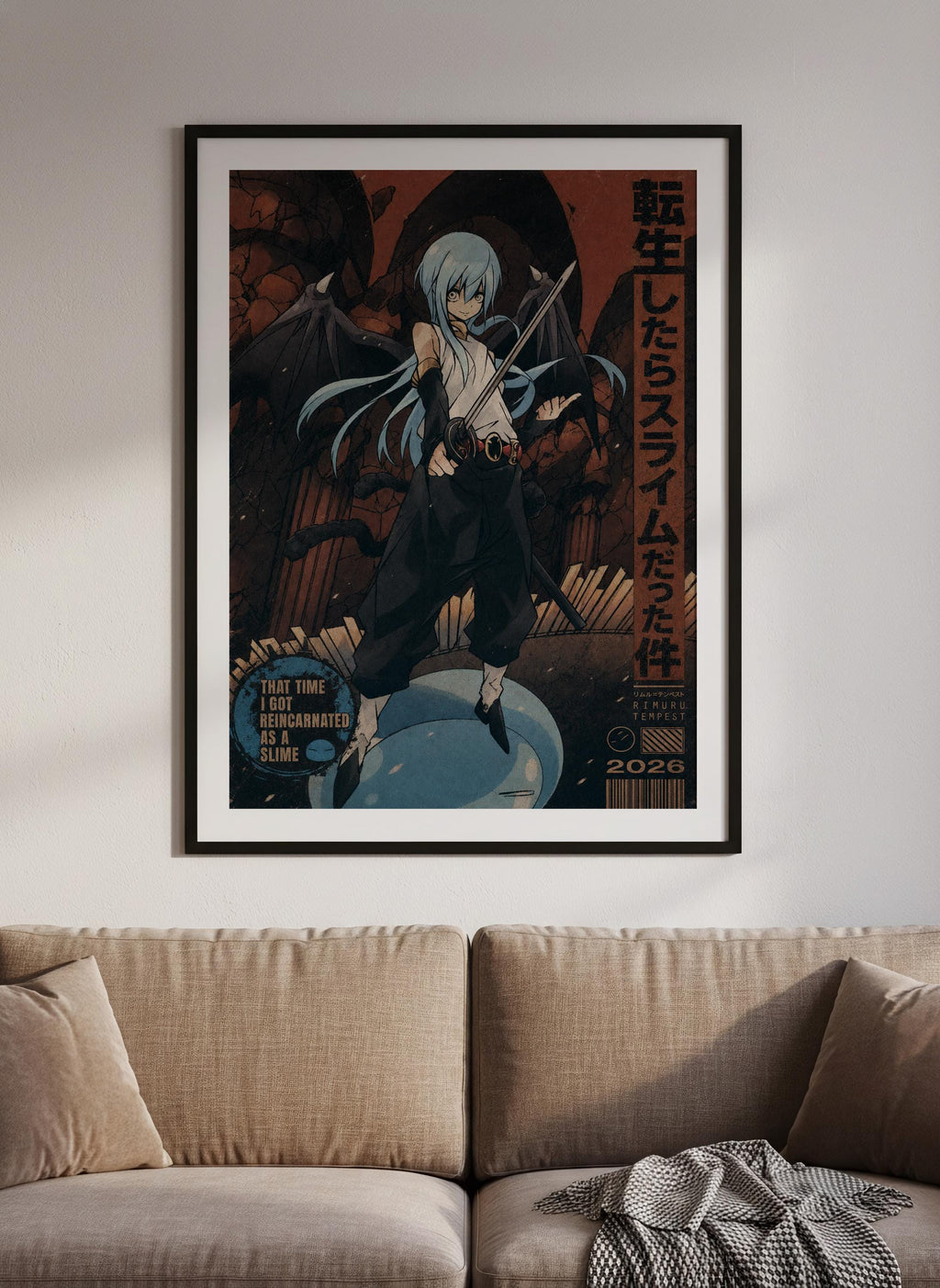 a framed poster of an anime character with blue hair and a sword, displayed on a wall above a couch.
