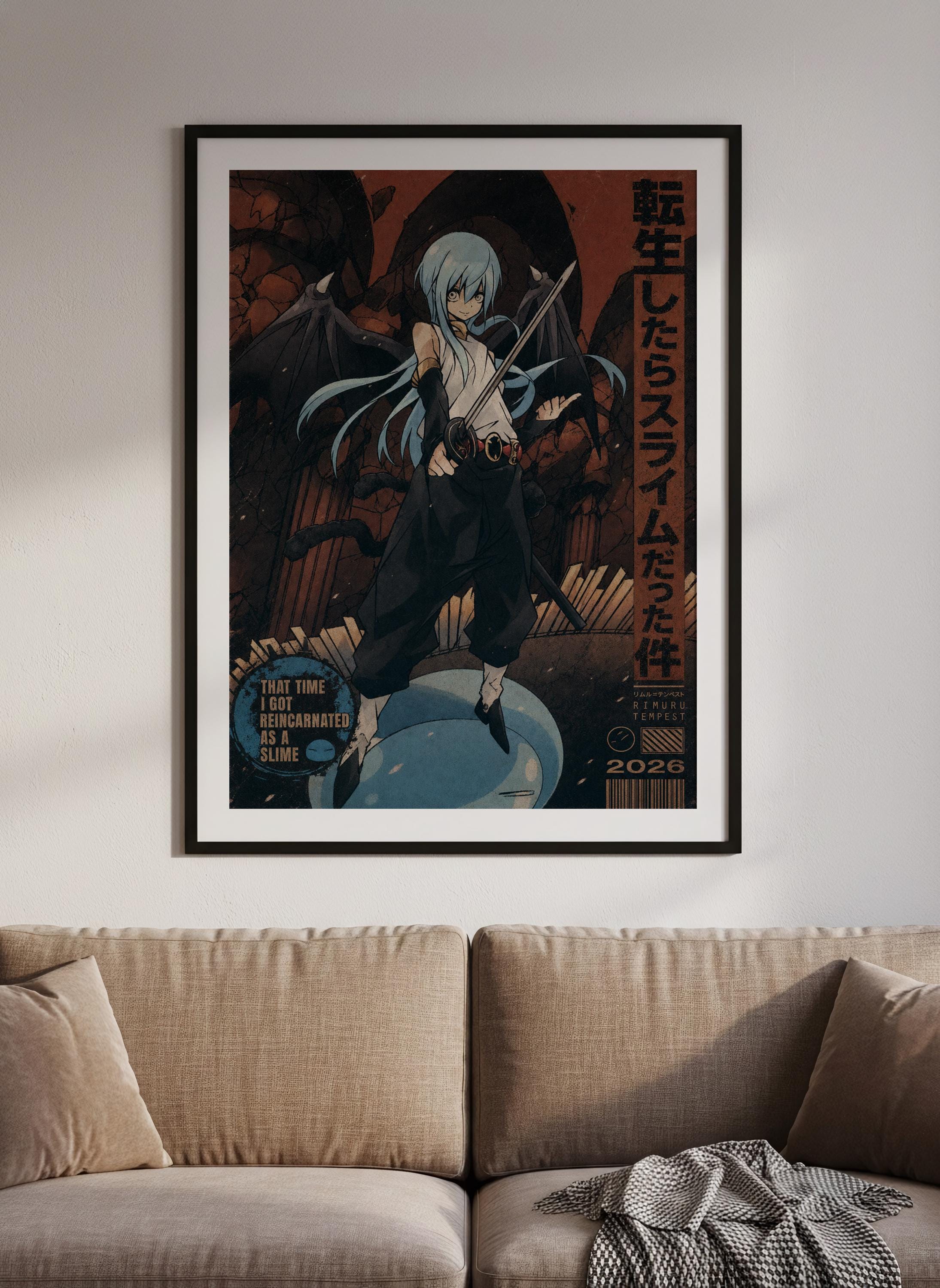 a framed poster of an anime character with blue hair and a sword, displayed on a wall above a couch.