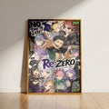 The image is a poster featuring a collage of various anime characters, including a prominent male character with a determined expression. The poster has a bold, colorful design with text and imagery that appears to be related to the anime series "Re:Zero".