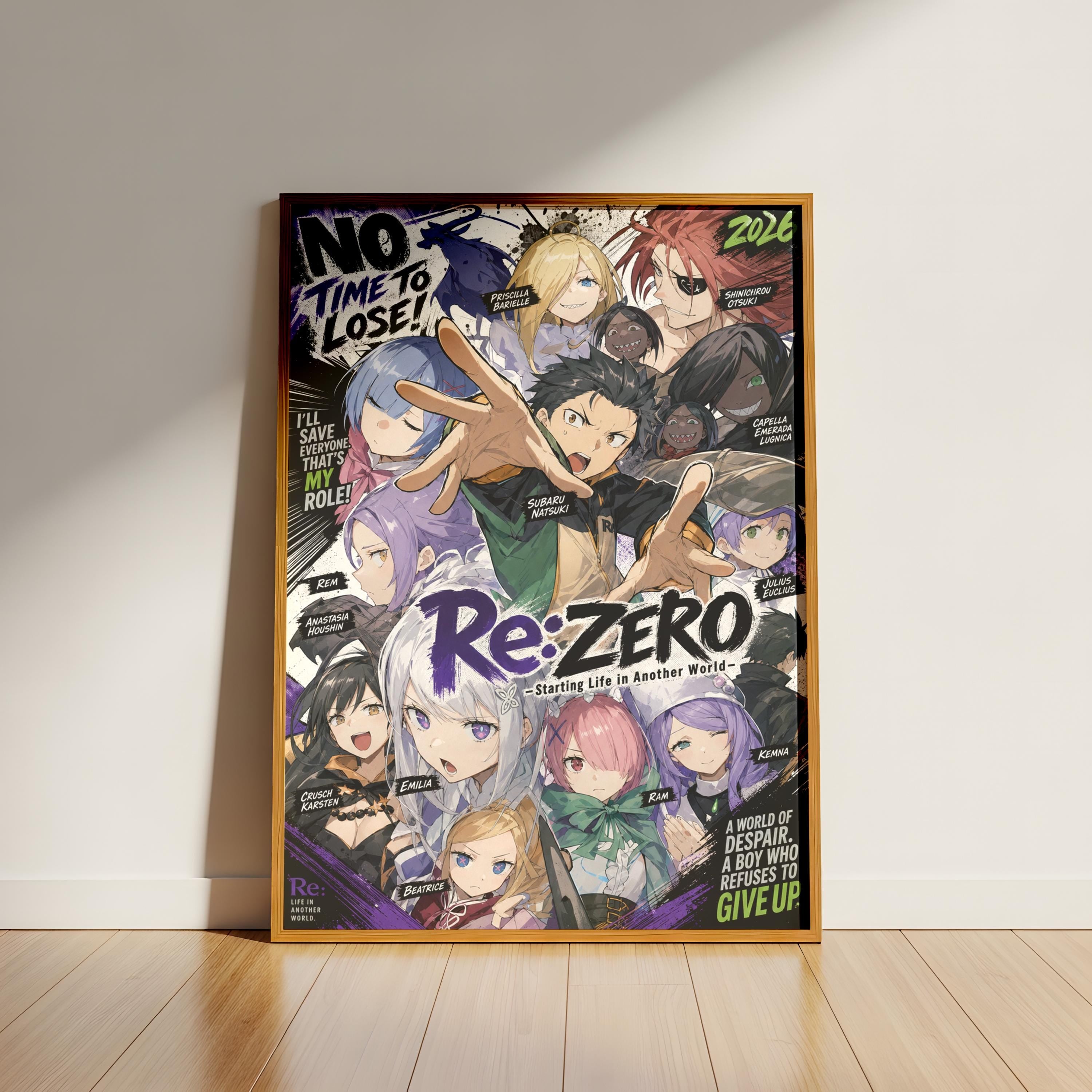 The image is a poster featuring a collage of various anime characters, including a prominent male character with a determined expression. The poster has a bold, colorful design with text and imagery that appears to be related to the anime series "Re:Zero".