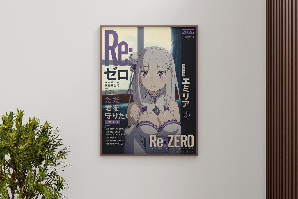 The image is a poster featuring an anime-style illustration of a young woman with long hair and a pensive expression. The poster has Japanese text and the word "Re Zero" prominently displayed.