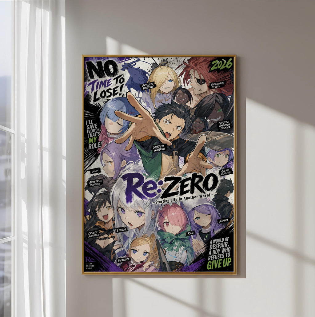 The image is a poster featuring a collage of various anime characters, including a prominent male character with a determined expression. The poster has a bold, colorful design with text and imagery that appears to be related to the anime series "Re:Zero".