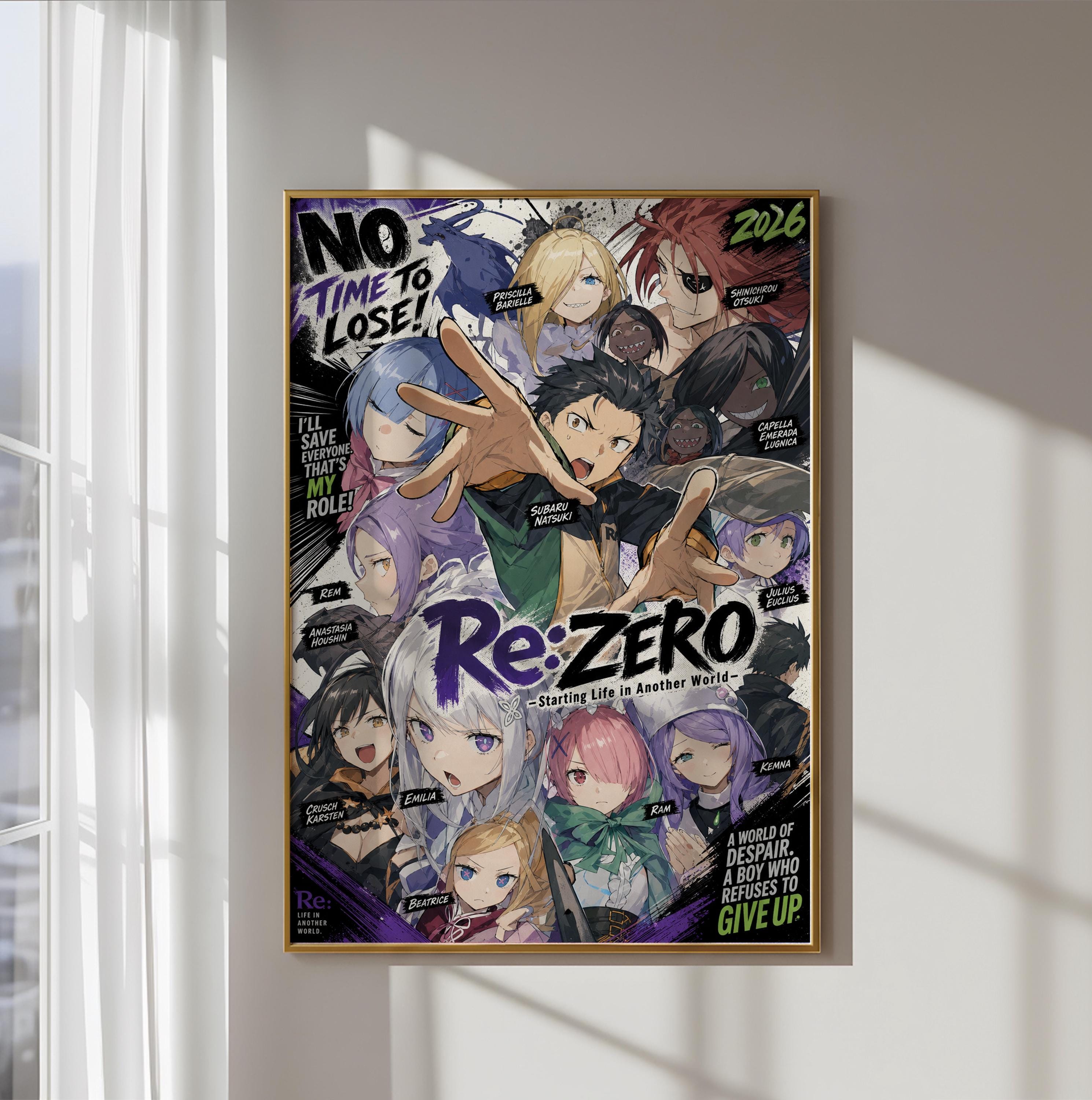 The image is a poster featuring a collage of various anime characters, including a prominent male character with a determined expression. The poster has a bold, colorful design with text and imagery that appears to be related to the anime series "Re:Zero".